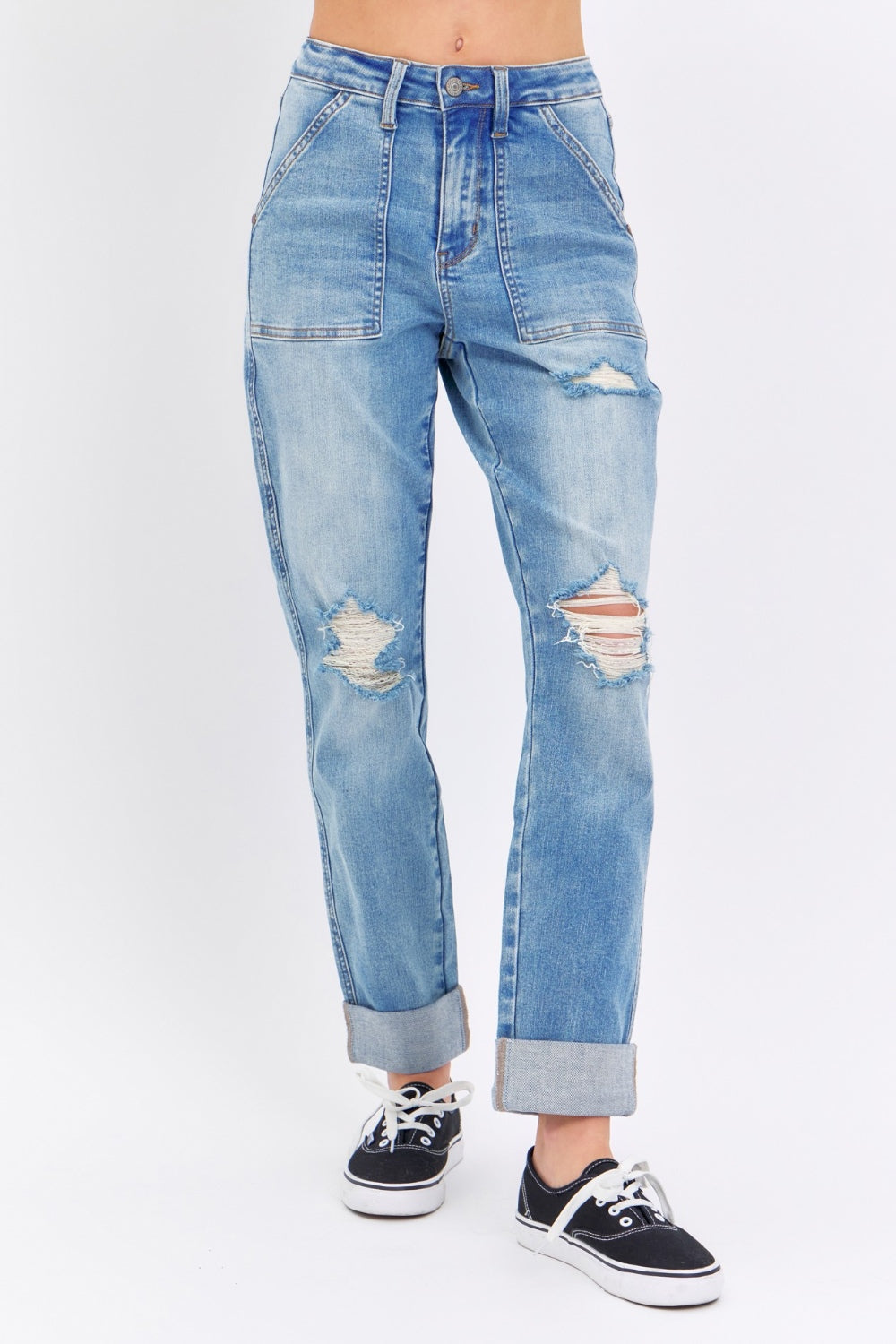 Blue Zone Planet | Judy Blue Full Size Distressed Straight Jeans with Patch Pockets-TOPS / DRESSES-[Adult]-[Female]-Medium-1/25-2022 Online Blue Zone Planet