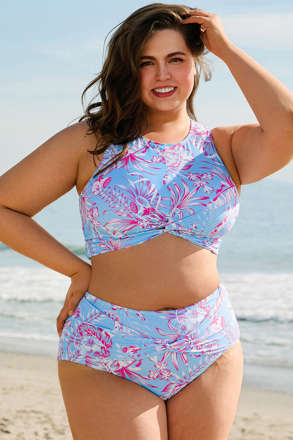Sky Blue Plus Size Floral Print Twisted High Waist Bikini Set-Plus Size/Plus Size Swimwear-[Adult]-[Female]-Sky Blue-1X-2022 Online Blue Zone Planet