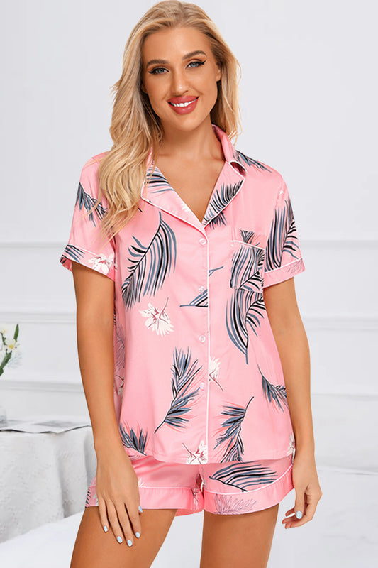 Printed Button Up Short Sleeve Top and Shorts Lounge Set-TOPS / DRESSES-[Adult]-[Female]-Pink-S-2022 Online Blue Zone Planet