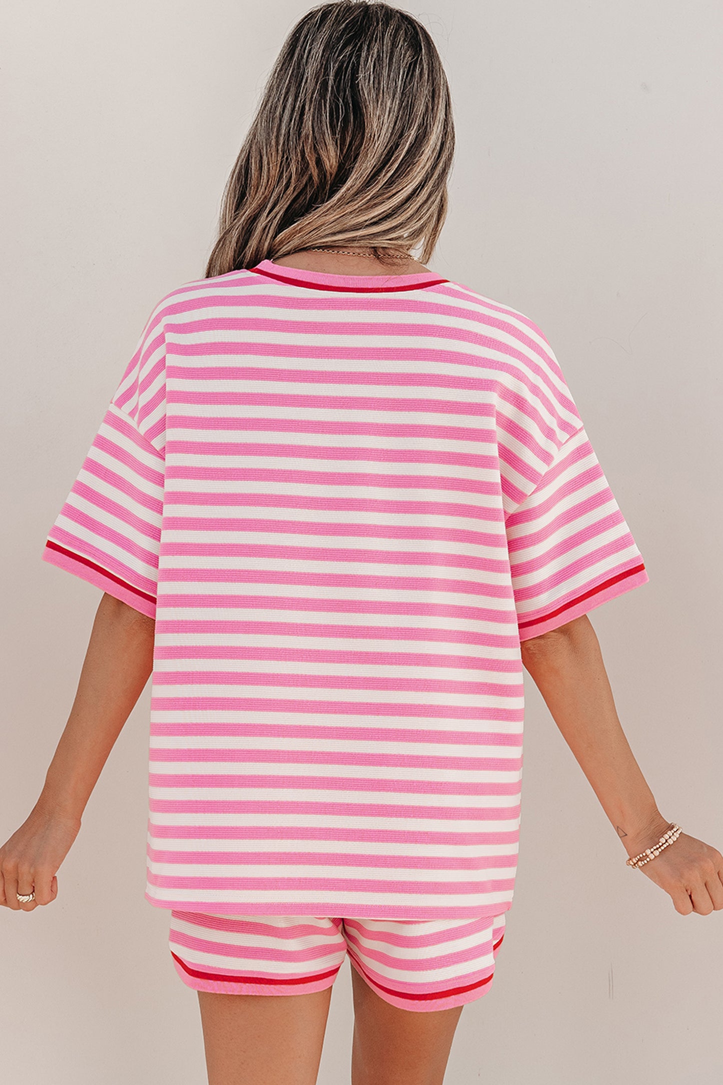 Pink Stripe Contrast Trim Short Sleeve Top Loose Shorts 2pcs Casual Outfit-Two Piece Sets/Short Sets-[Adult]-[Female]-2022 Online Blue Zone Planet
