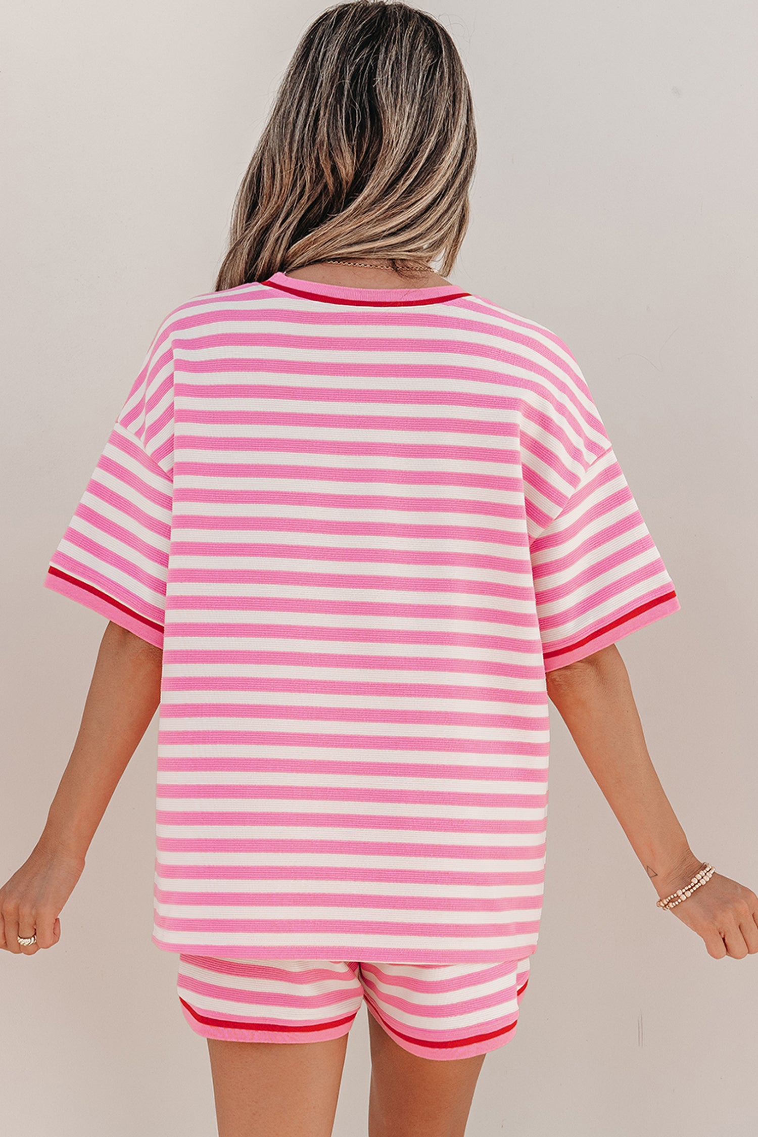 Pink Stripe Contrast Trim Short Sleeve Top Loose Shorts 2pcs Casual Outfit-Two Piece Sets/Short Sets-[Adult]-[Female]-2022 Online Blue Zone Planet