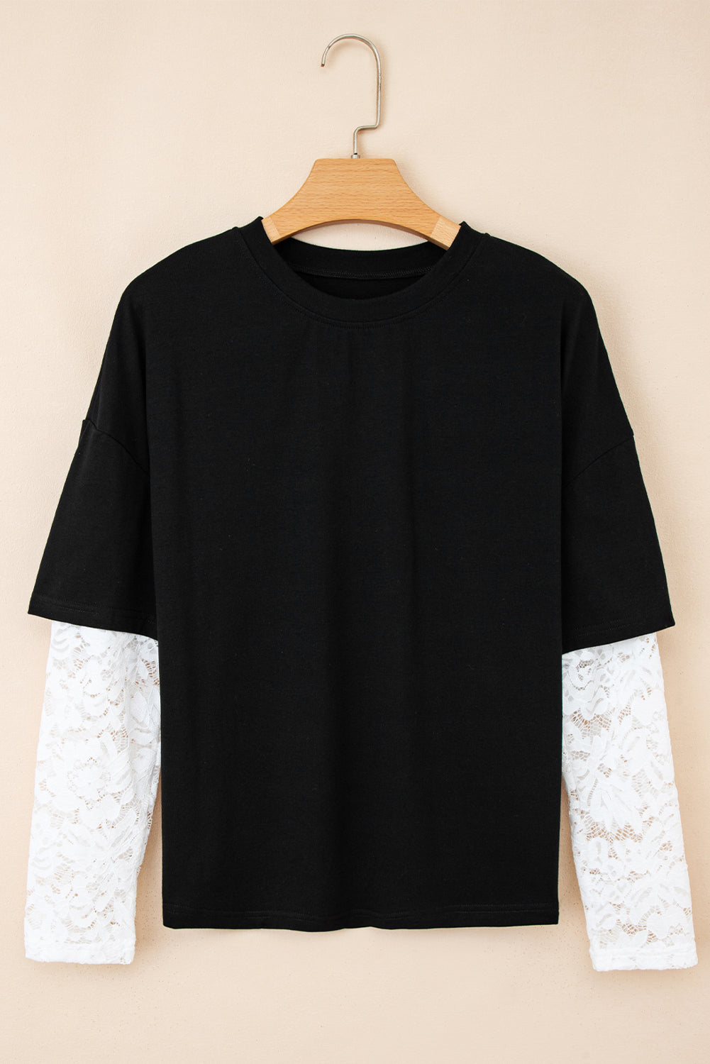 Black Lace Long Sleeve Insert Drop Shoulder Tee-Tops/Long Sleeve Tops-[Adult]-[Female]-Black-S-2022 Online Blue Zone Planet