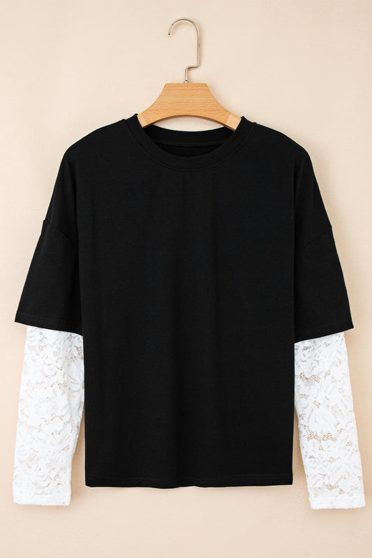 Black Lace Long Sleeve Insert Drop Shoulder Tee-Tops/Long Sleeve Tops-[Adult]-[Female]-Black-S-2022 Online Blue Zone Planet