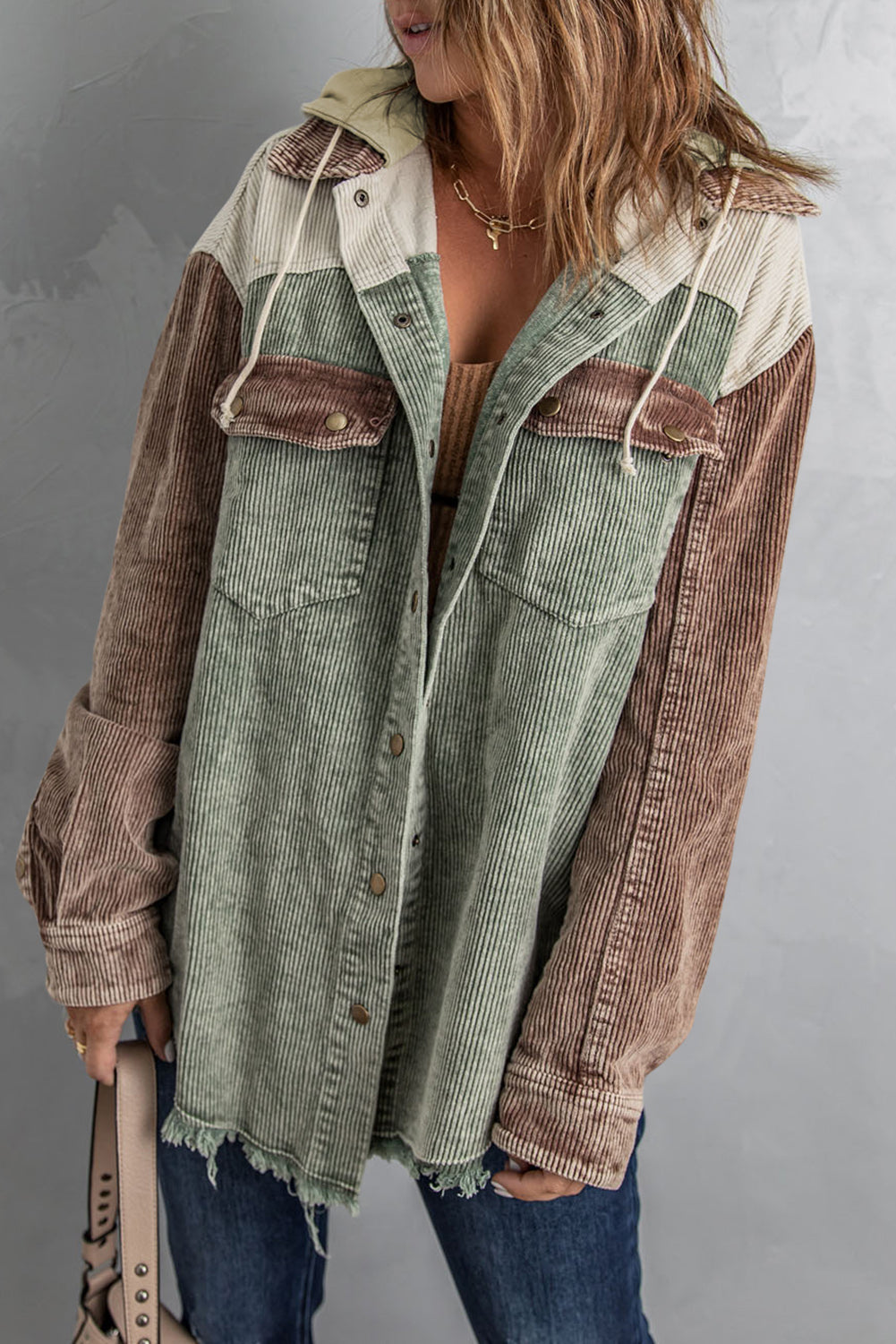 Gray Color Block Button Down Hooded Corduroy Jacket-Outerwear/Jackets-[Adult]-[Female]-Green-S-2022 Online Blue Zone Planet