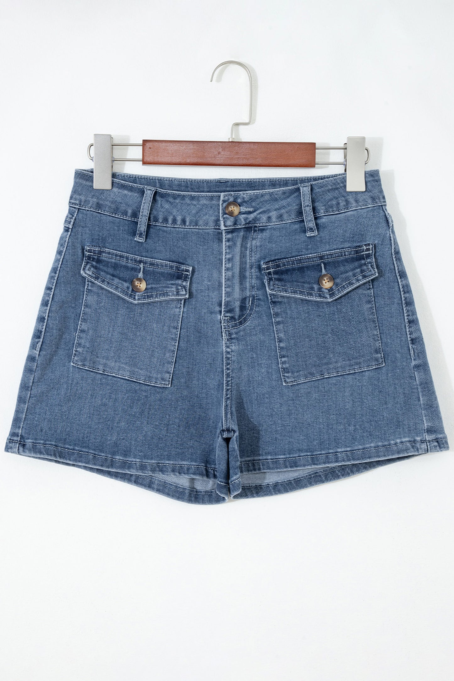 Dusk Blue Flap Pockets Denim Shorts-Bottoms/Denim Shorts-[Adult]-[Female]-2022 Online Blue Zone Planet