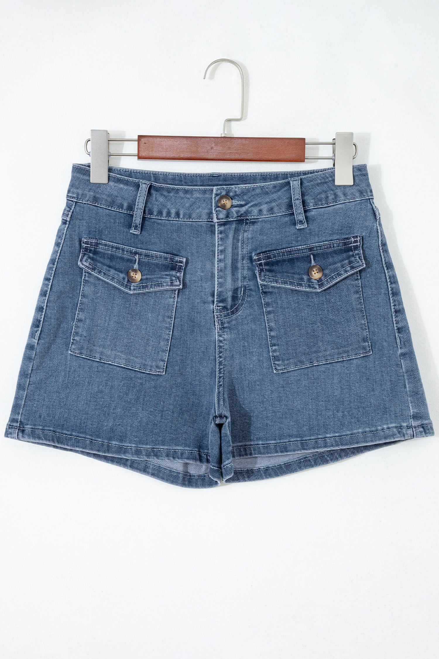Dusk Blue Flap Pockets Denim Shorts-Bottoms/Denim Shorts-[Adult]-[Female]-2022 Online Blue Zone Planet
