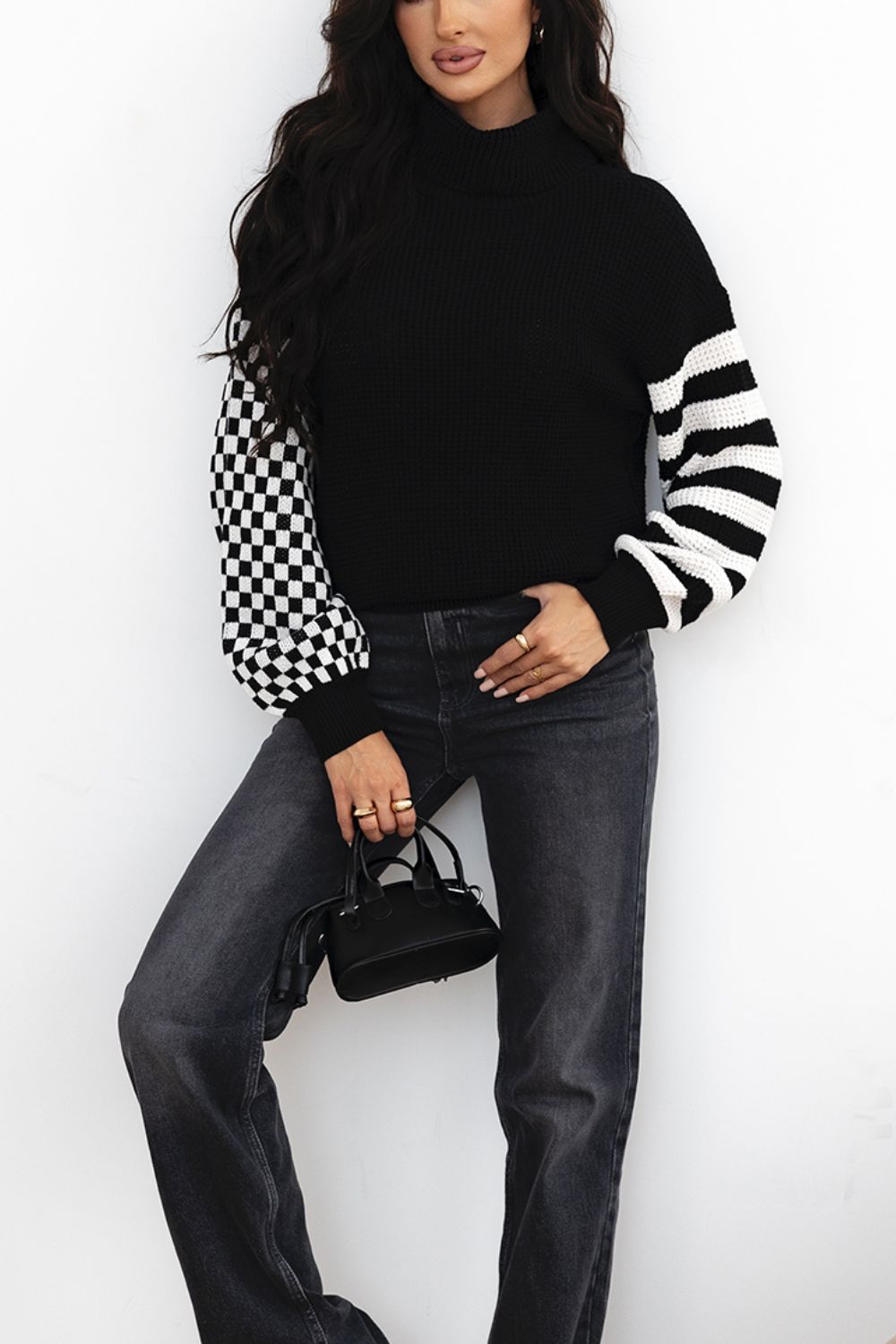 Striped & Checkered Turtleneck Dropped Shoulder Sweater-TOPS / DRESSES-[Adult]-[Female]-2022 Online Blue Zone Planet