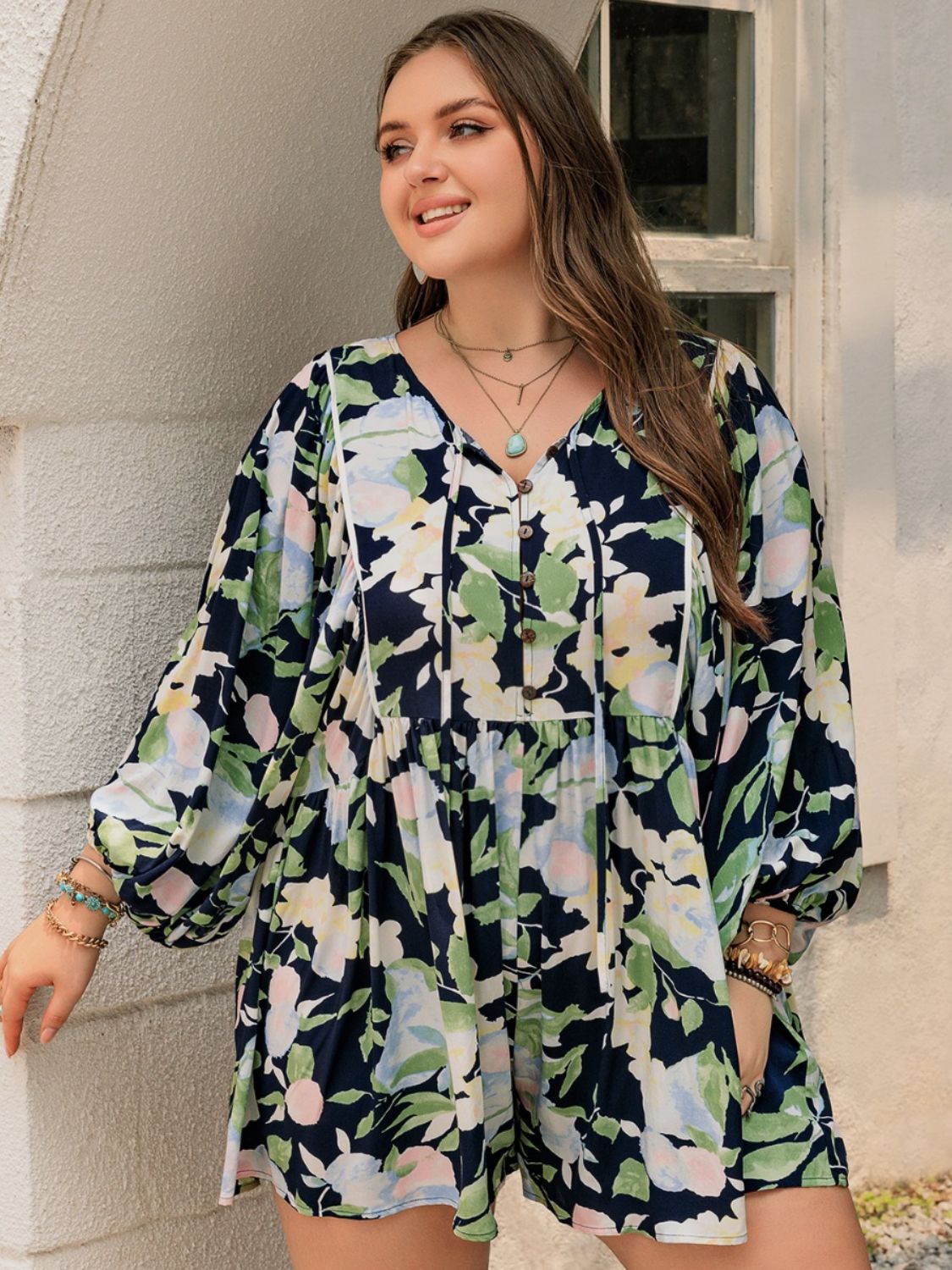 Blue Zone Planet | Plus Size Tied Printed Long Sleeve Romper-TOPS / DRESSES-[Adult]-[Female]-2022 Online Blue Zone Planet