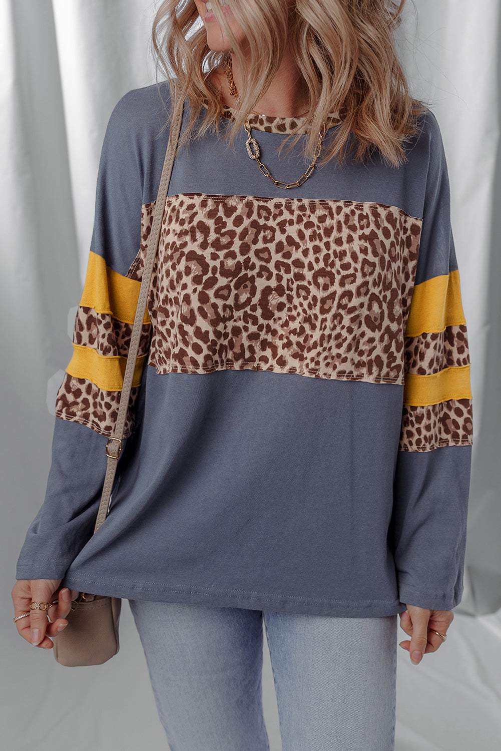 Dark Blue Leopard Colorblock Patchwork Long Sleeve Drop Shoulder Top-Tops/Long Sleeve Tops-[Adult]-[Female]-2022 Online Blue Zone Planet