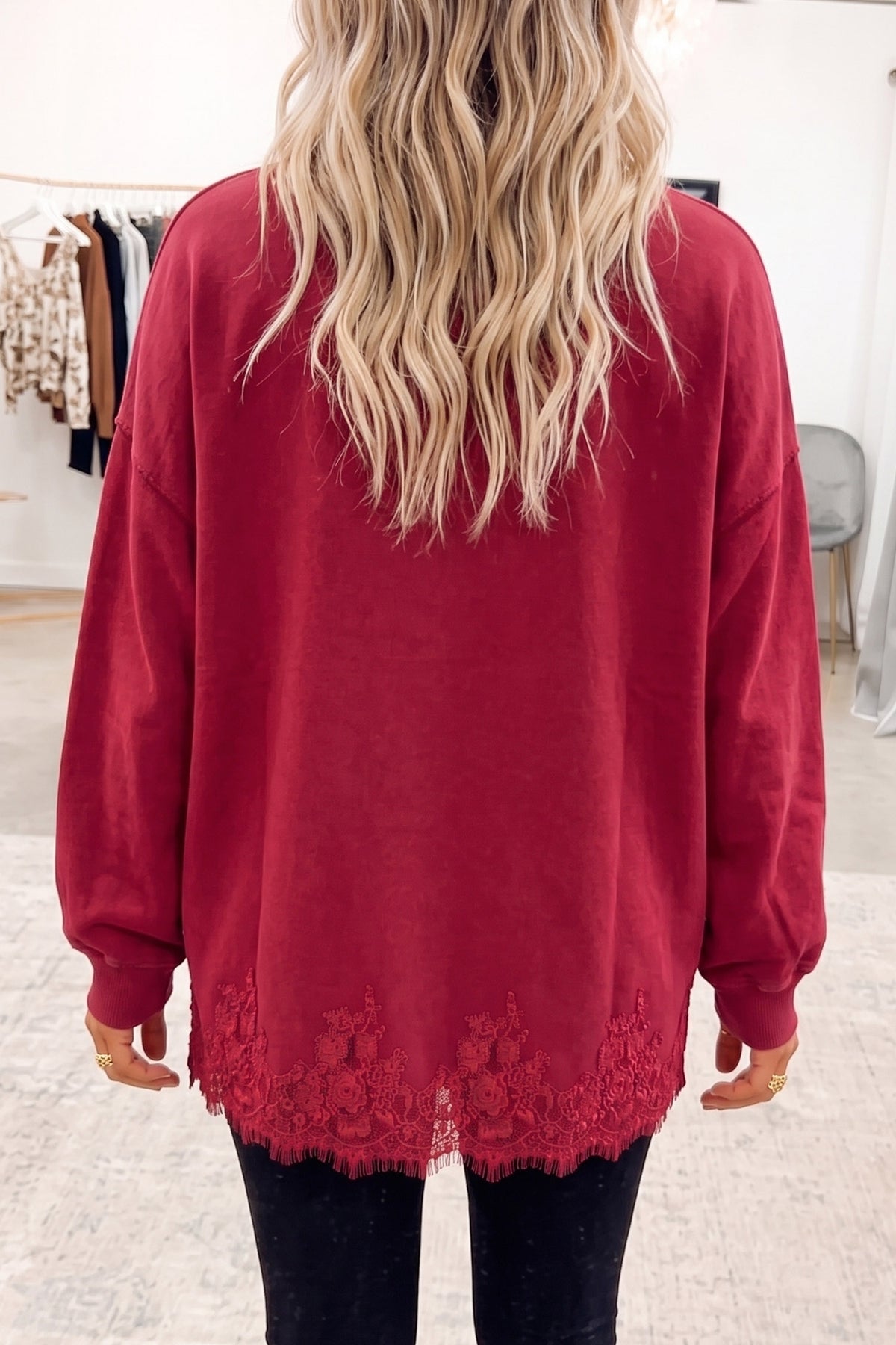 Fushia Solid Color Lace Splicing Hem Mock Neck Pullover Sweatshirt-Tops/Sweatshirts & Hoodies-[Adult]-[Female]-2022 Online Blue Zone Planet