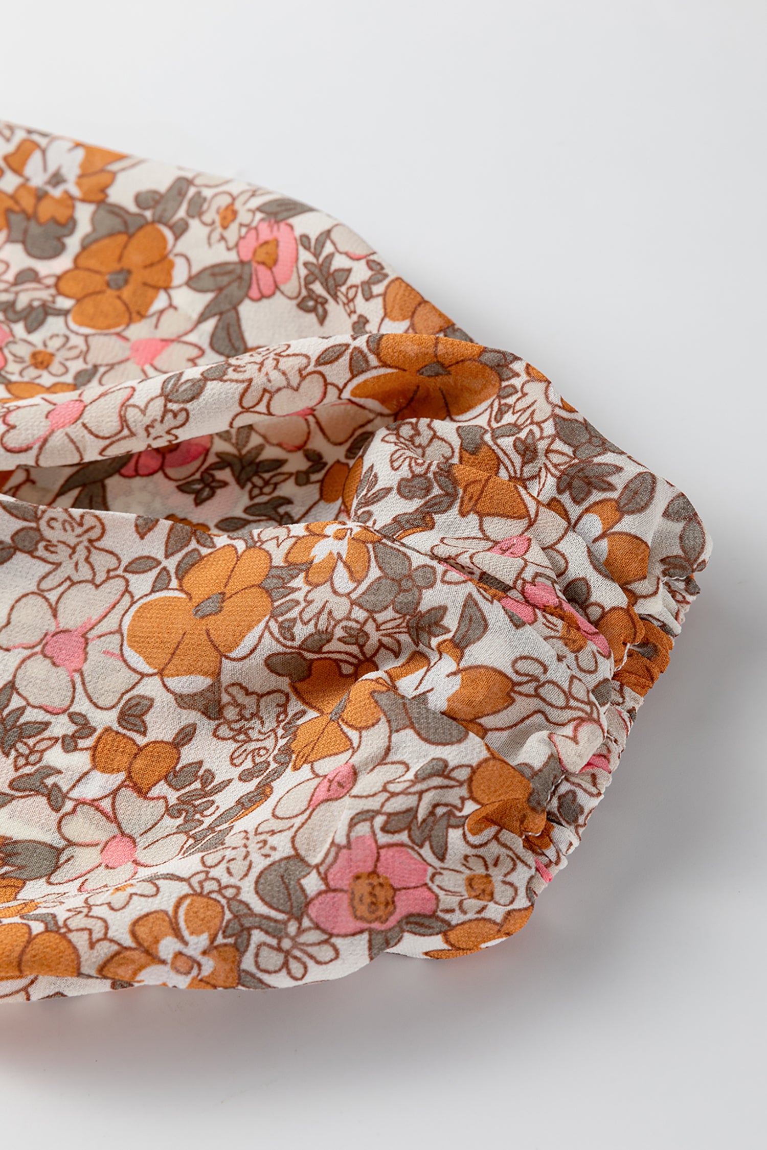 Orange Bohemian Floral Puff Sleeve Full Button Shirt-Tops/Blouses & Shirts-[Adult]-[Female]-2022 Online Blue Zone Planet