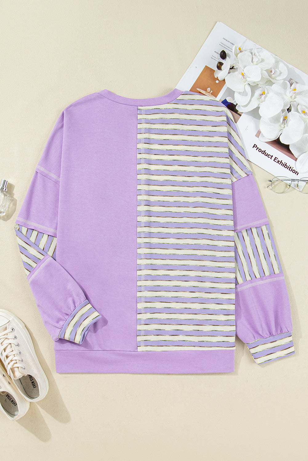 Purple Stripe Patchwork Buttoned Drop Shoulder Plus Size Pullover-Plus Size/Plus Size Tops/Plus Size Long Sleeve Tops-[Adult]-[Female]-2022 Online Blue Zone Planet