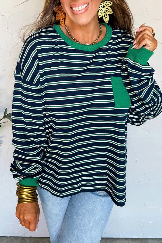 Green Stripe Ribbed Color Block Patchwork Crew Neck Patch Pocket Long Sleeve Top-Tops/Long Sleeve Tops-[Adult]-[Female]-Green Stripe-S-2022 Online Blue Zone Planet