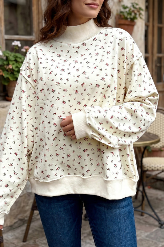 Beige Ribbed High Neck Patchwork Floral Print Baggy Pullover Sweatshirt-Tops/Sweatshirts & Hoodies-[Adult]-[Female]-2022 Online Blue Zone Planet