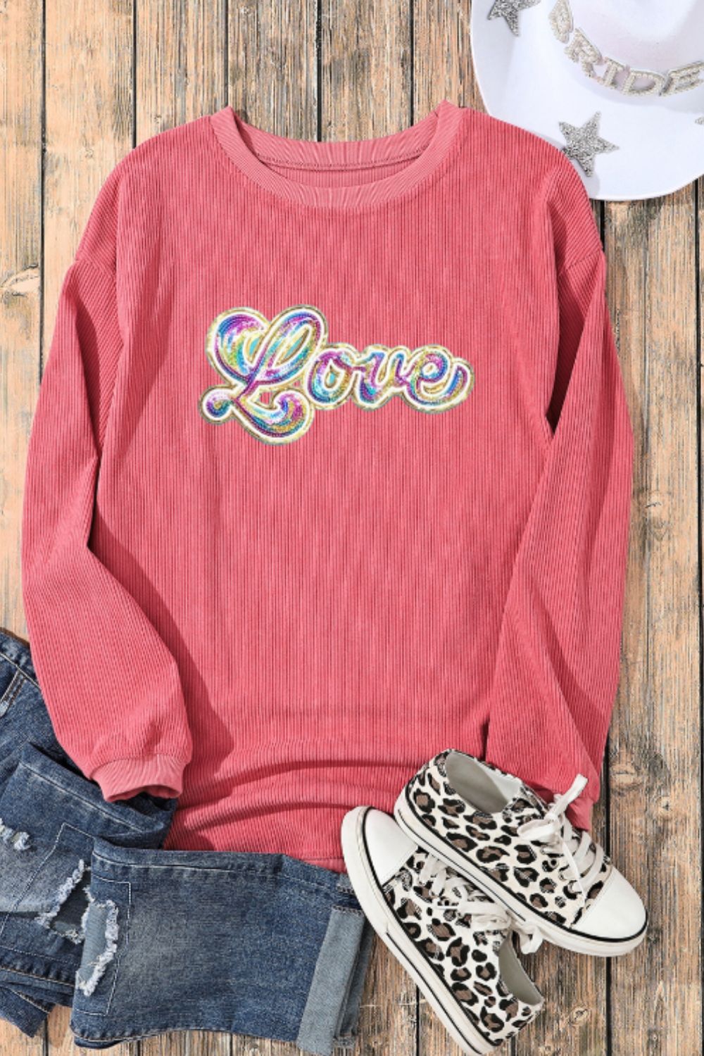 Blue Zone Planet | Valentine's Day LOVE Round Neck Long Sleeve Sweatshirt-TOPS / DRESSES-[Adult]-[Female]-2022 Online Blue Zone Planet