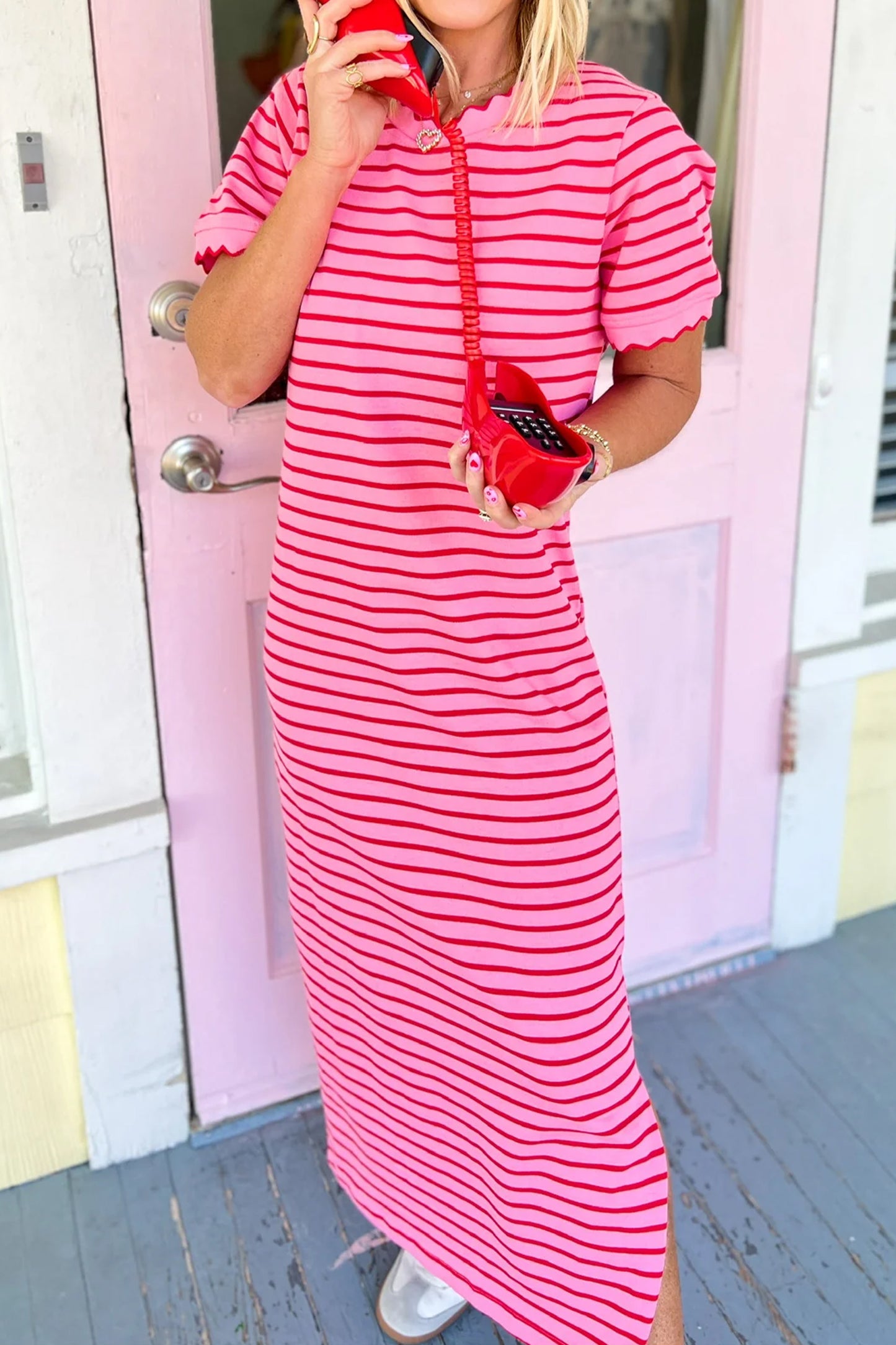 Rose Stripe Striped Short Sleeve Scalloped Trim Side Slit T-Shirt Dress-Dresses/T Shirt Dresses-[Adult]-[Female]-2022 Online Blue Zone Planet