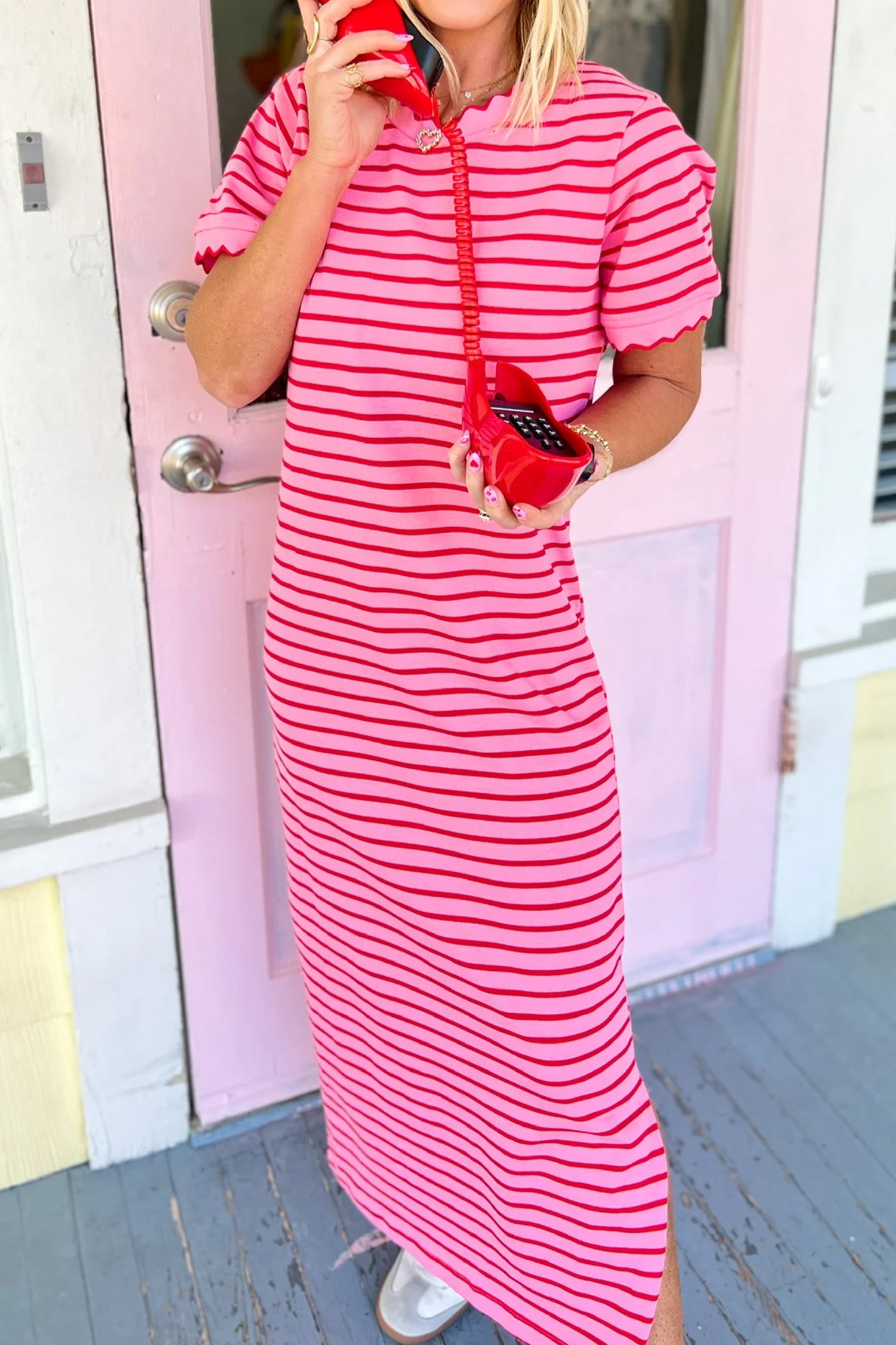 Rose Stripe Striped Short Sleeve Scalloped Trim Side Slit T-Shirt Dress-Dresses/T Shirt Dresses-[Adult]-[Female]-2022 Online Blue Zone Planet
