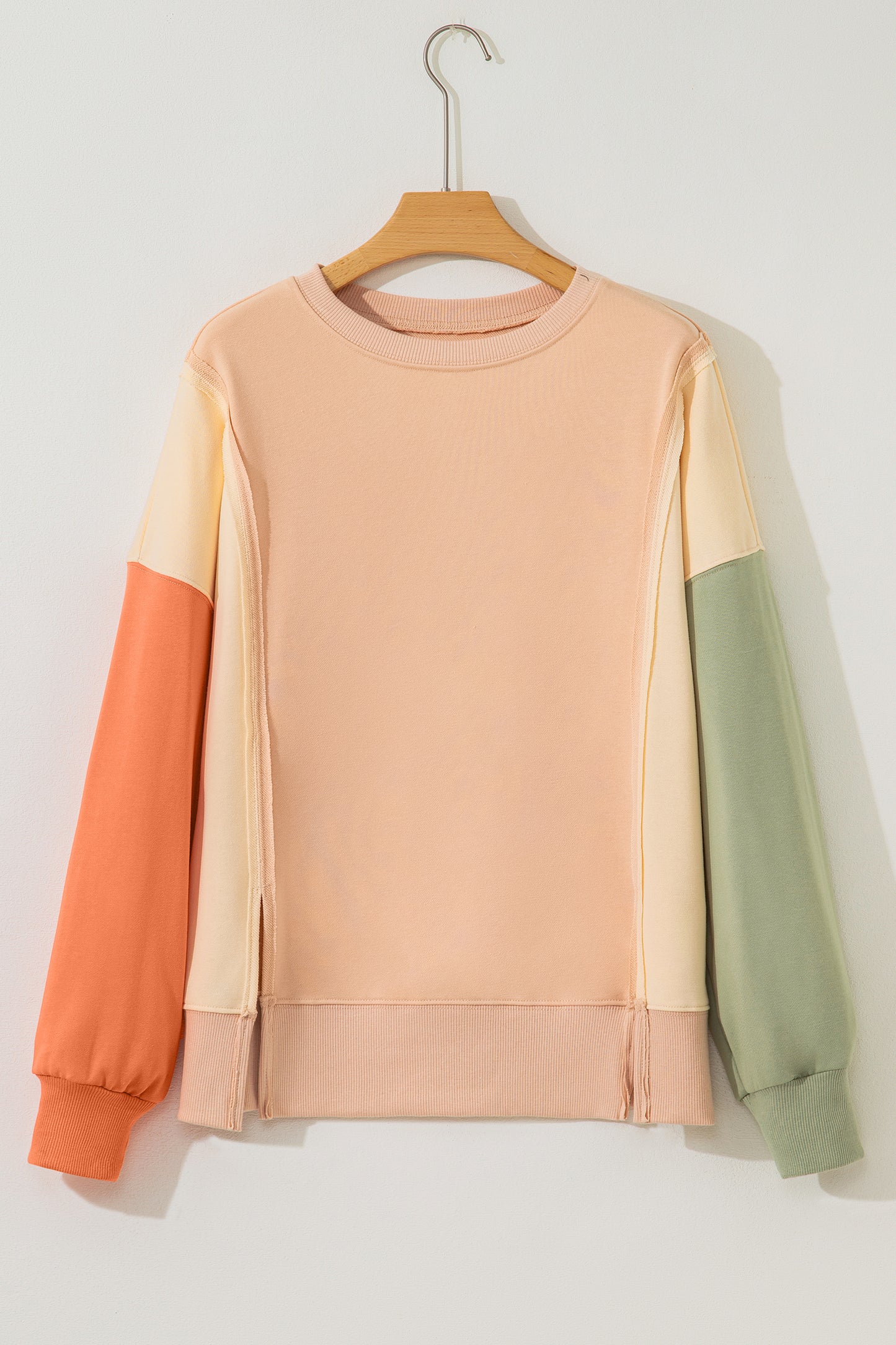 Beige Color Block Patchwork Split Hem Casual Sweatshirt-Tops/Sweatshirts & Hoodies-[Adult]-[Female]-2022 Online Blue Zone Planet
