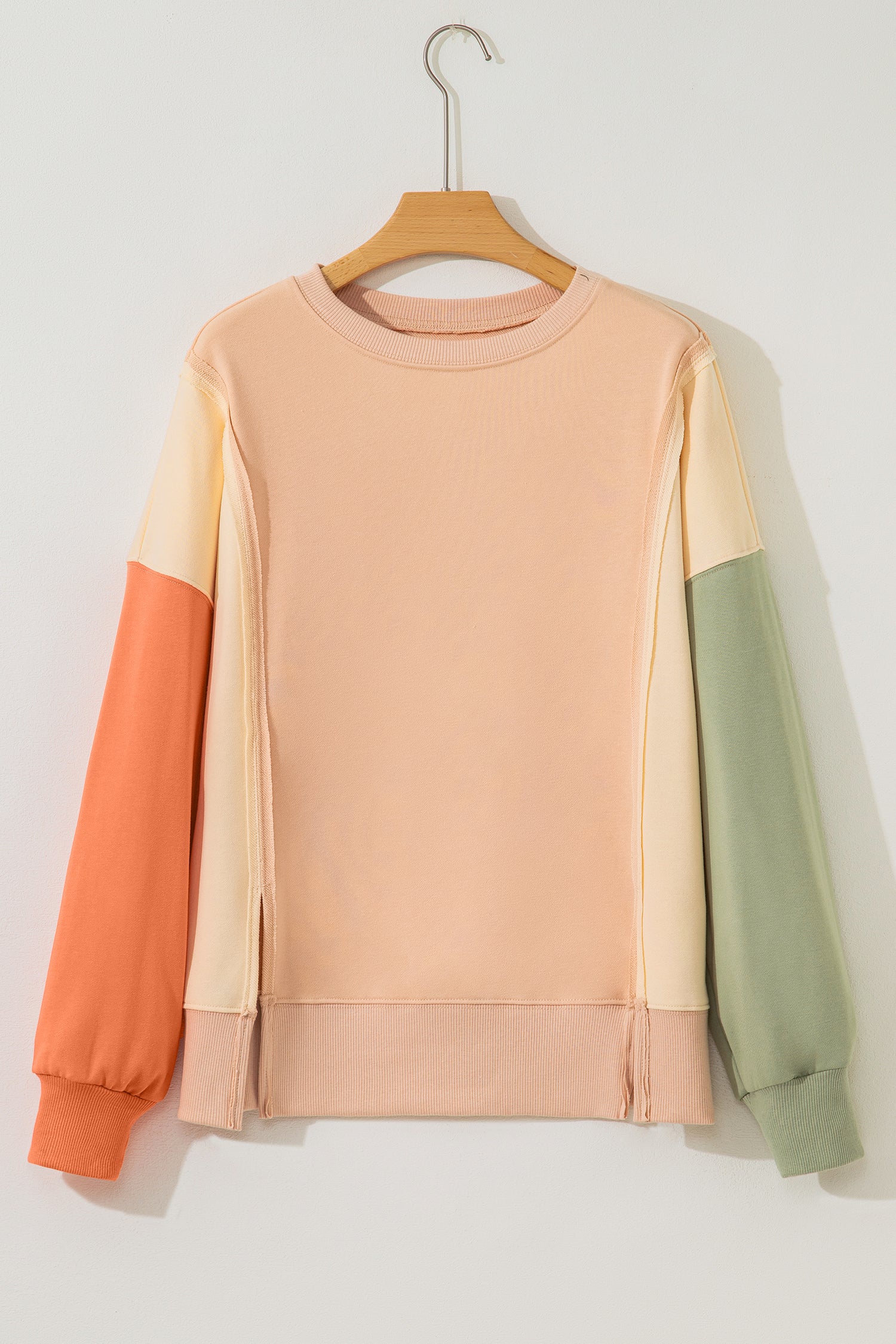Beige Color Block Patchwork Split Hem Casual Sweatshirt-Tops/Sweatshirts & Hoodies-[Adult]-[Female]-2022 Online Blue Zone Planet