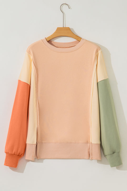 Beige Color Block Patchwork Split Hem Casual Sweatshirt-Tops/Sweatshirts & Hoodies-[Adult]-[Female]-2022 Online Blue Zone Planet