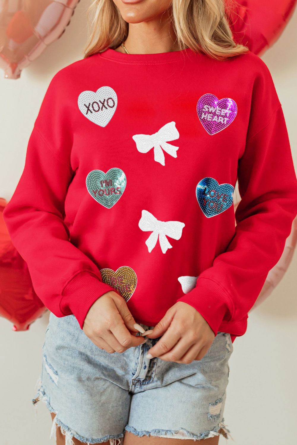 Valentine’s Day Sequin Bow Heart Round Neck Sweatshirt-TOPS / DRESSES-[Adult]-[Female]-2022 Online Blue Zone Planet