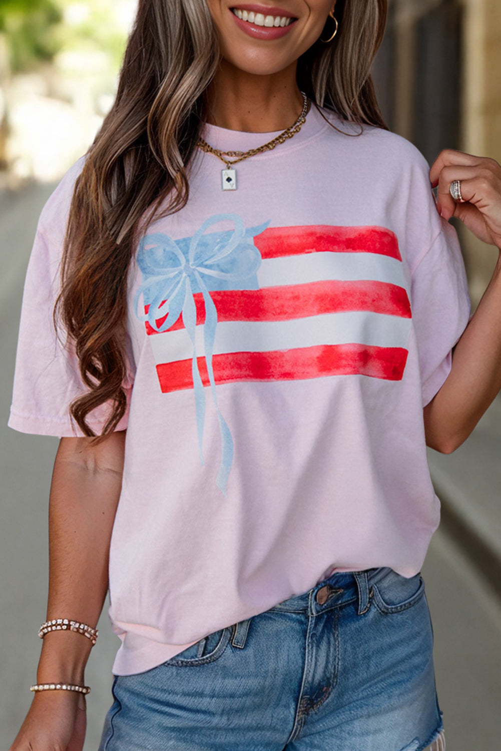Light Pink Flag Bow Graphic Crewneck Tee-Tops/Tops & Tees-[Adult]-[Female]-2022 Online Blue Zone Planet