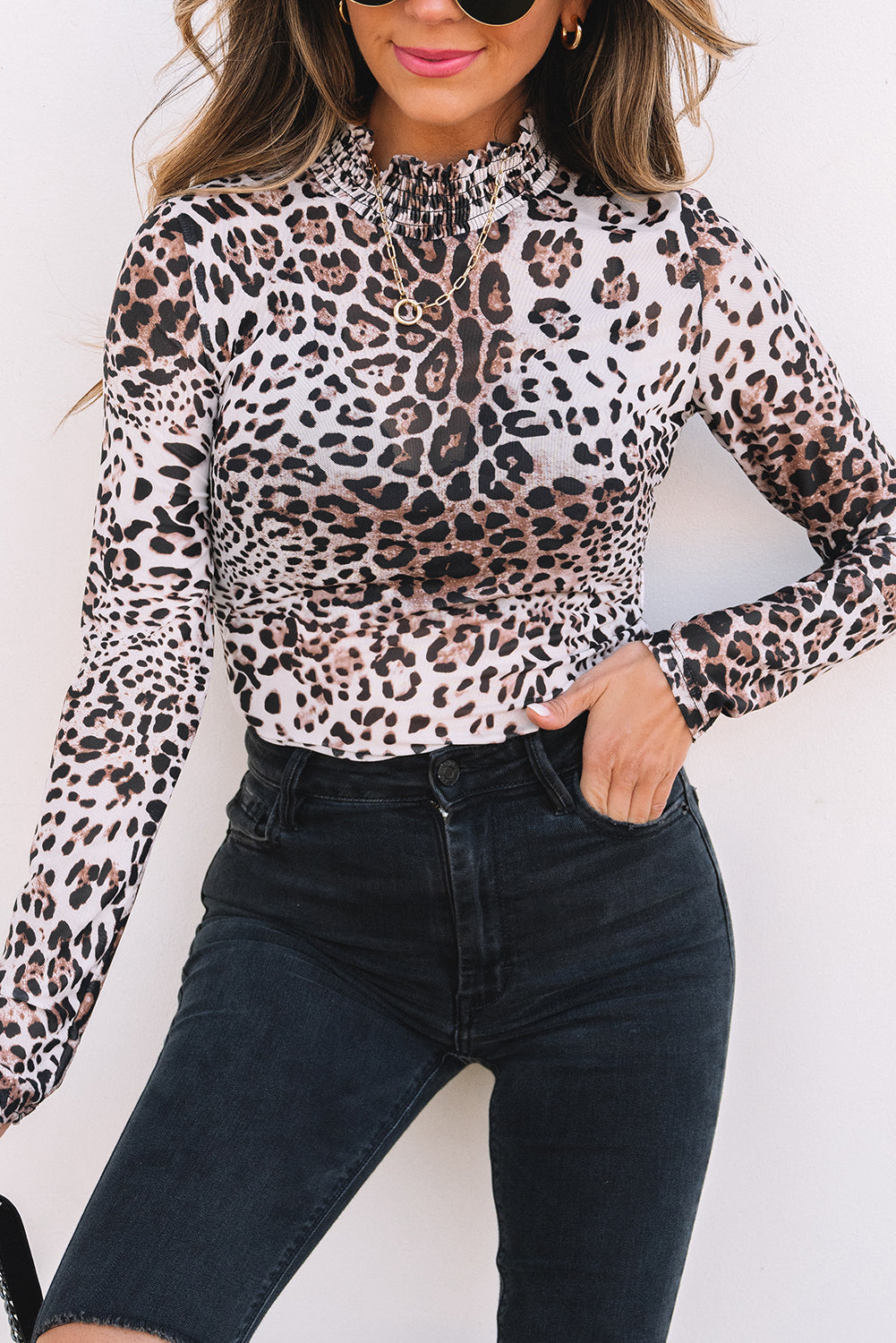 Brown Leopard Smocked Neck Mesh Long Sleeve Bodysuit-Tops/Bodysuits-[Adult]-[Female]-2022 Online Blue Zone Planet