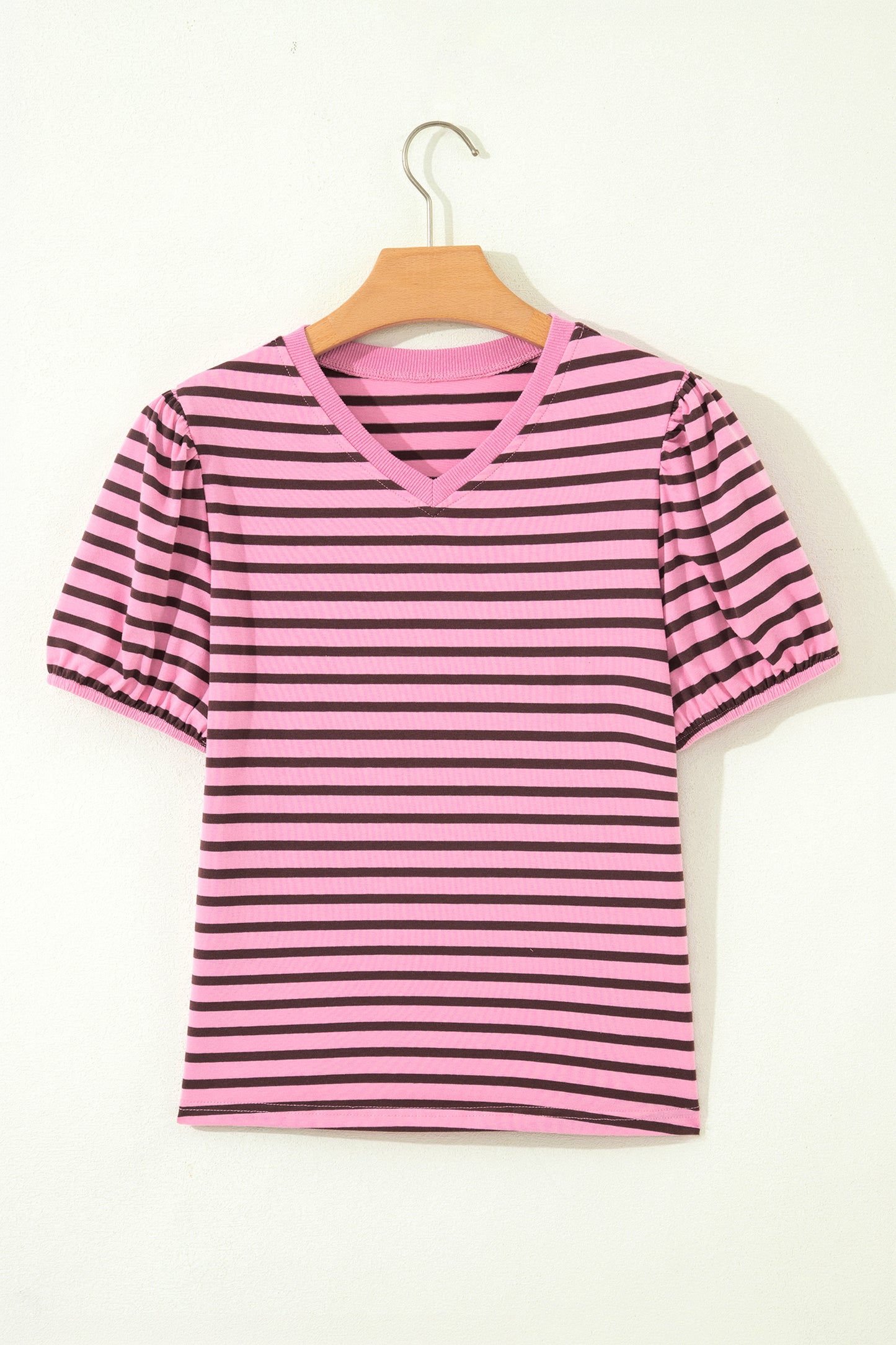 Rose Stripe Striped V-Neck Ribbed Collar Cuff Gathering Puff Sleeve Top-Tops/Tops & Tees-[Adult]-[Female]-2022 Online Blue Zone Planet