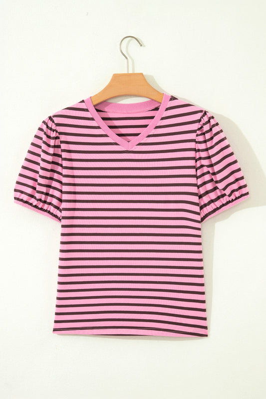 Rose Stripe Striped V-Neck Ribbed Collar Cuff Gathering Puff Sleeve Top-Tops/Tops & Tees-[Adult]-[Female]-2022 Online Blue Zone Planet
