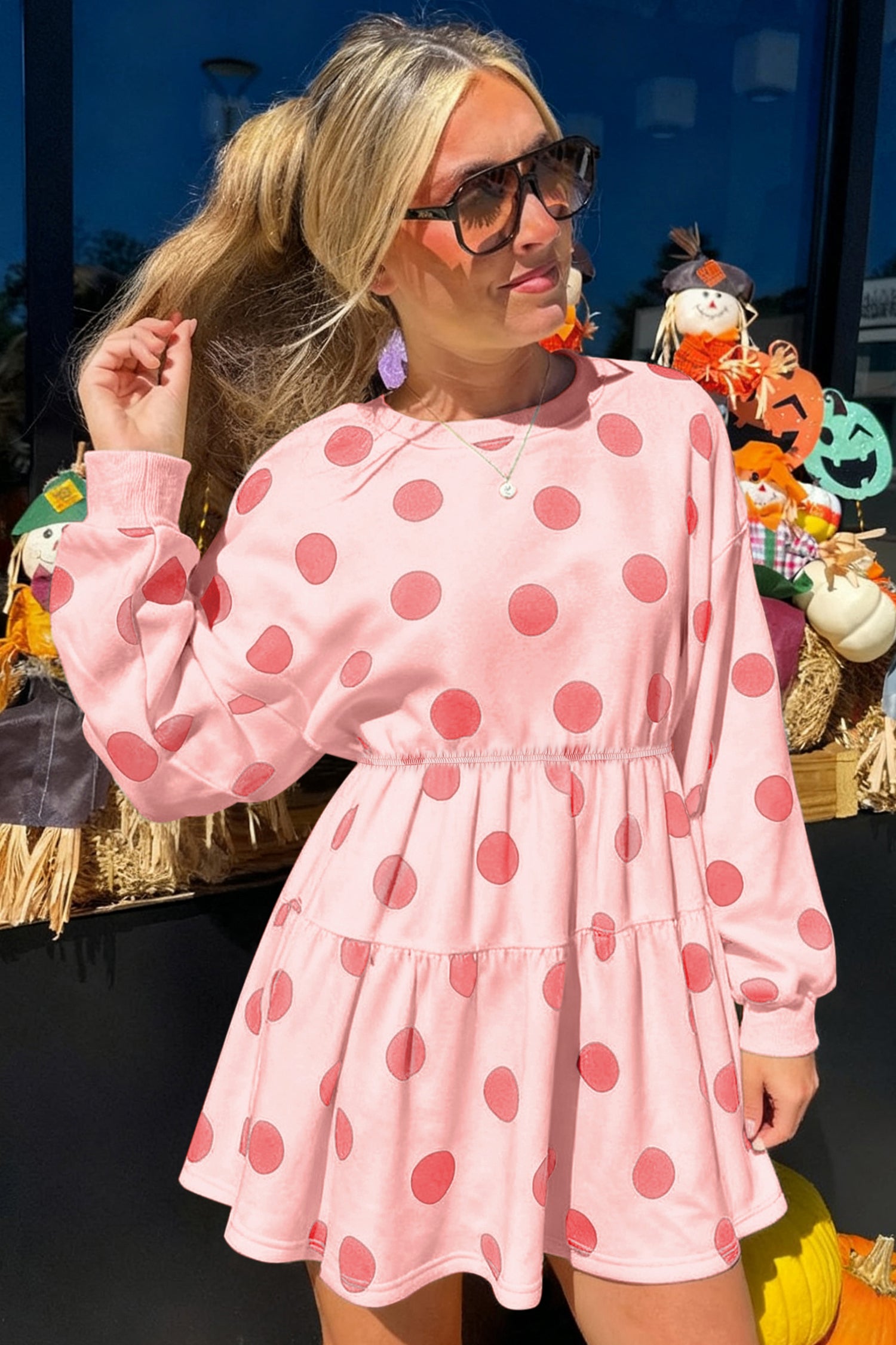 long sleeve polka dot mini dress NIA Kim Dotted Long Sleeve Mini Dress, Womens, Juniors, L, Black