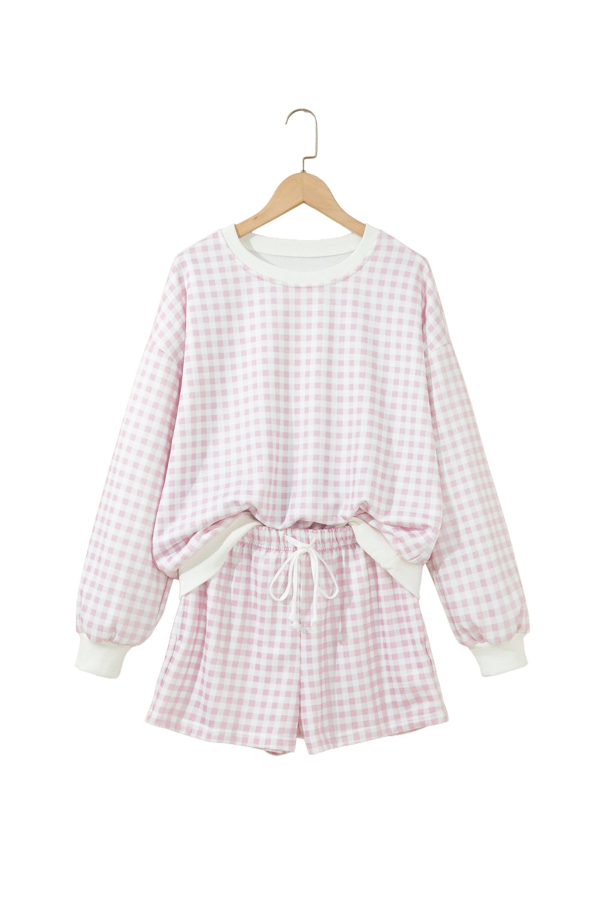 Pink Plaid Baggy Pullover Drawstring Casual Shorts 2pcs Outfit-Two Piece Sets/Short Sets-[Adult]-[Female]-2022 Online Blue Zone Planet