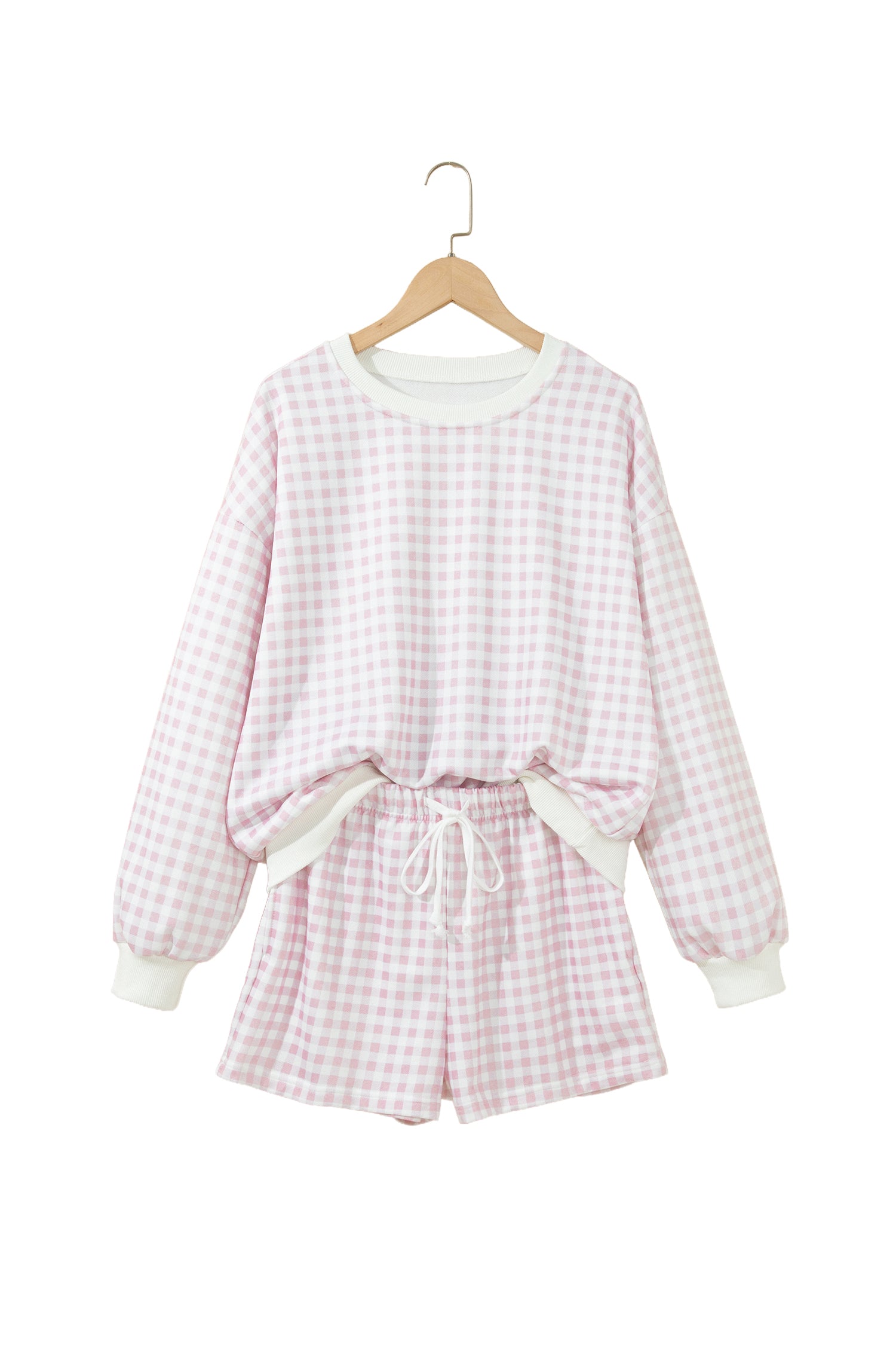 Pink Plaid Baggy Pullover Drawstring Casual Shorts 2pcs Outfit-Two Piece Sets/Short Sets-[Adult]-[Female]-2022 Online Blue Zone Planet