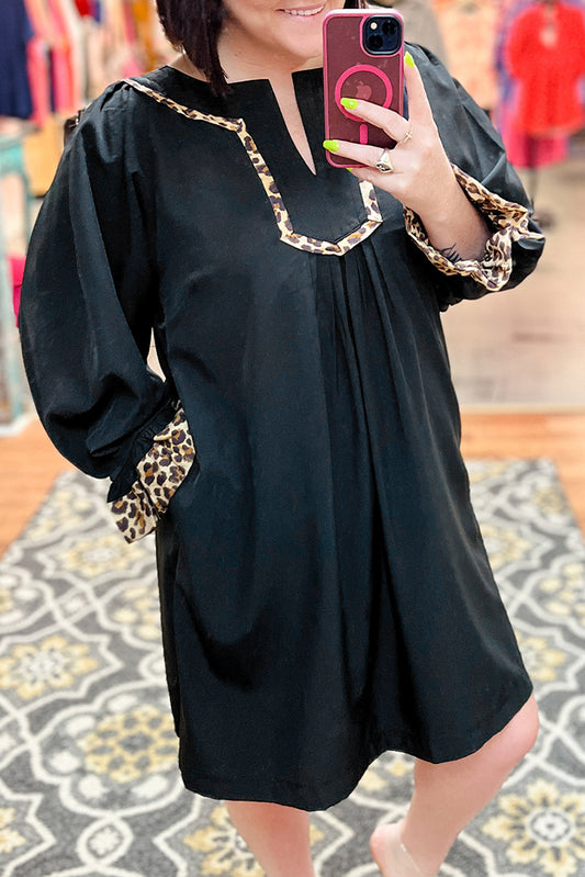 Black Plus Size Notched Neck Leopard Trim Flounce Long Sleeve Shift Dress-TOPS / DRESSES-[Adult]-[Female]-Black-1X-2022 Online Blue Zone Planet