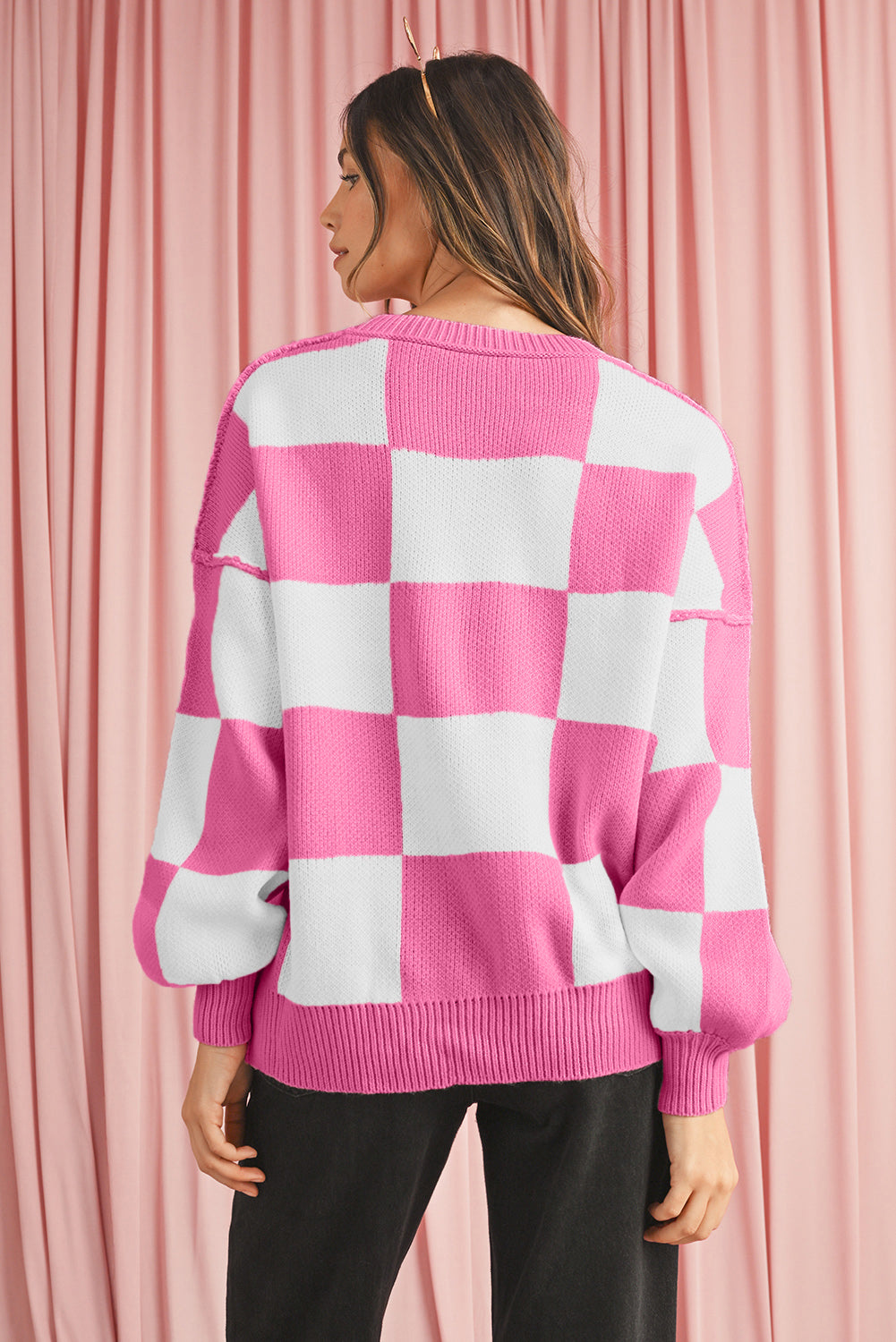 Blue Zone Planet | Pink Checked Bishop Sleeve Pullover Sweater-Sweaters-[Adult]-[Female]-2022 Online Blue Zone Planet