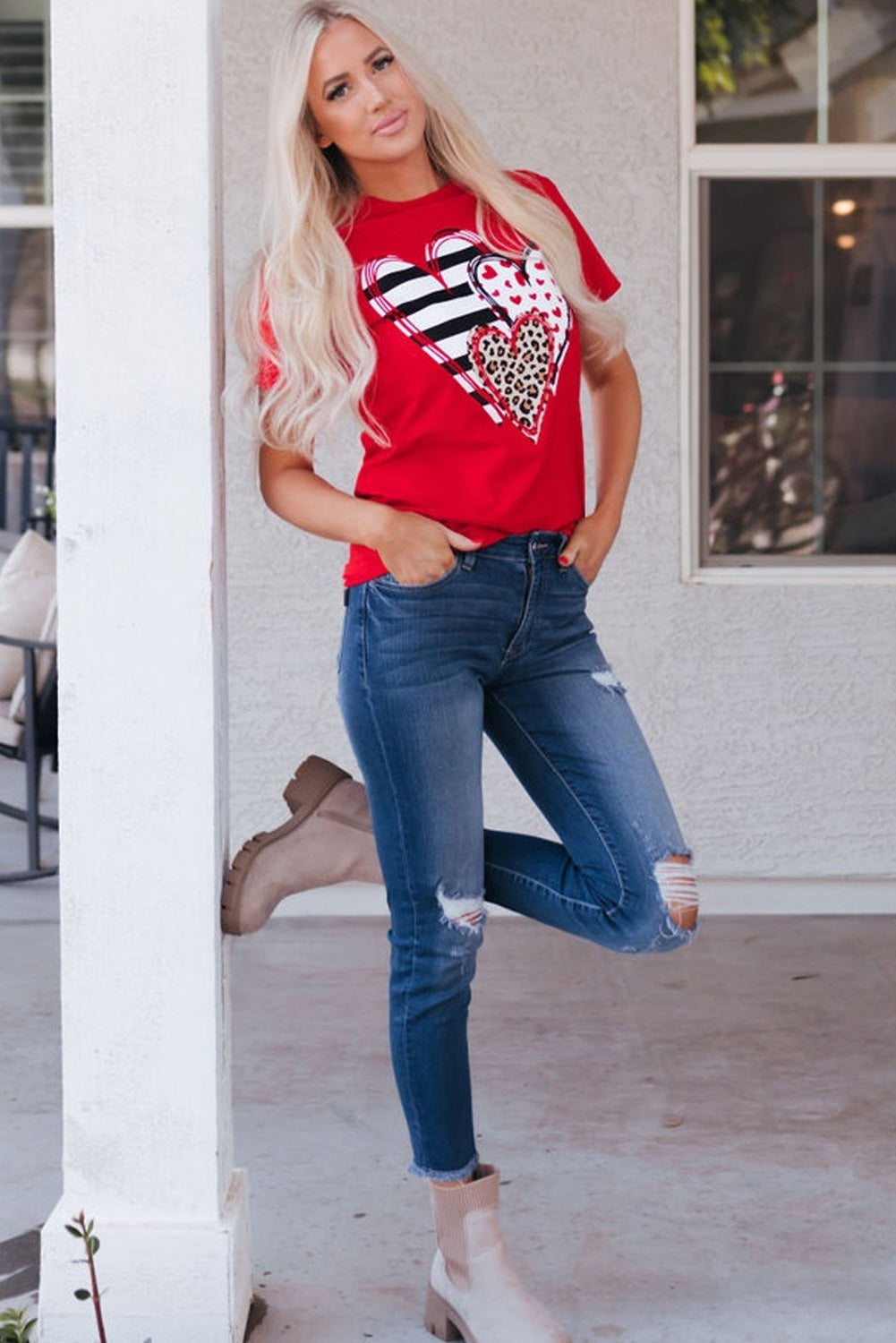 Red Leopard Striped Heart Shaped Print Crew Neck T Shirt-Graphic/Graphic Tees-[Adult]-[Female]-2022 Online Blue Zone Planet