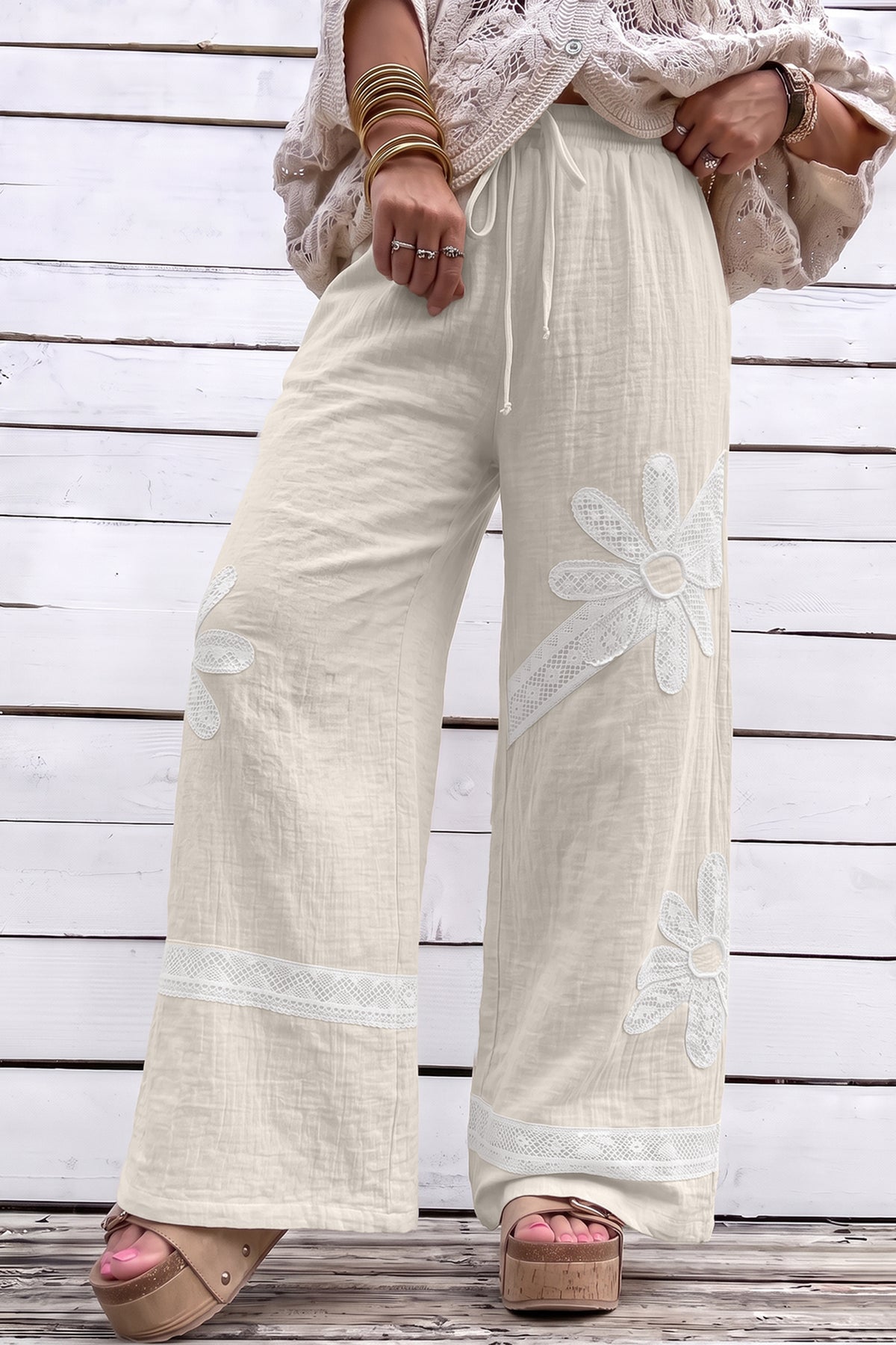 White Floral Lace Patchwork Boho Wide Leg Casual Pants-Bottoms/Pants & Culotte-[Adult]-[Female]-2022 Online Blue Zone Planet