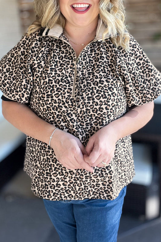 Brown Plus Size Leopard Print Striped Webbing Patchwork Half Zip Blouse-Plus Size/Plus Size Tops/Plus Size Blouses & Shirts-[Adult]-[Female]-Brown-1X-2022 Online Blue Zone Planet