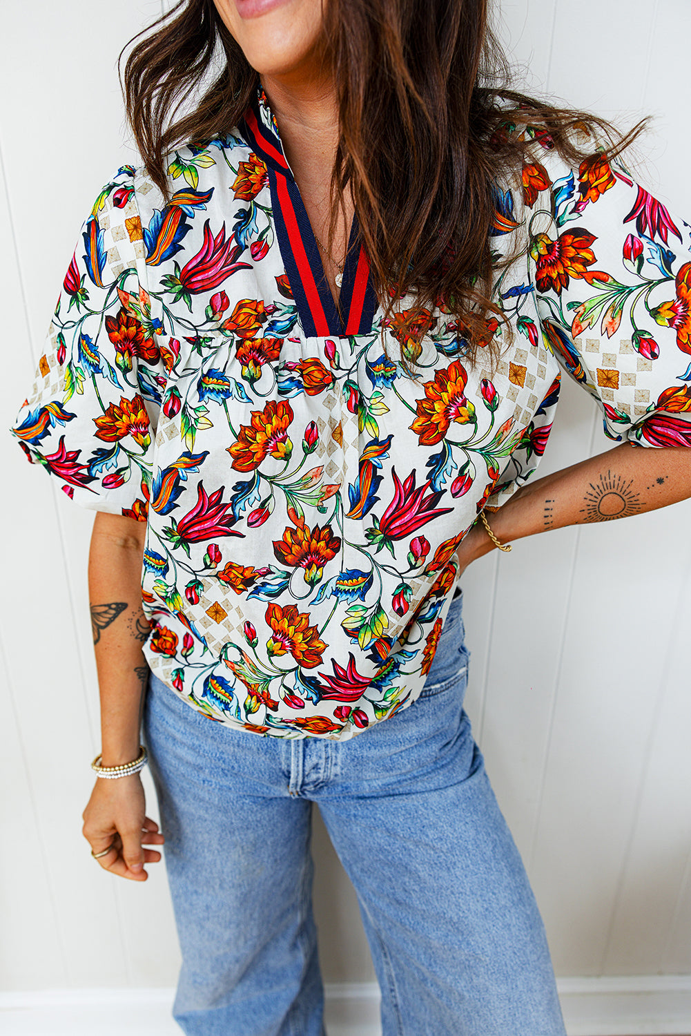 Multicolour Contrasted V Neckline Floral Puff Short Sleeve Blouse-Tops/Blouses & Shirts-[Adult]-[Female]-2022 Online Blue Zone Planet