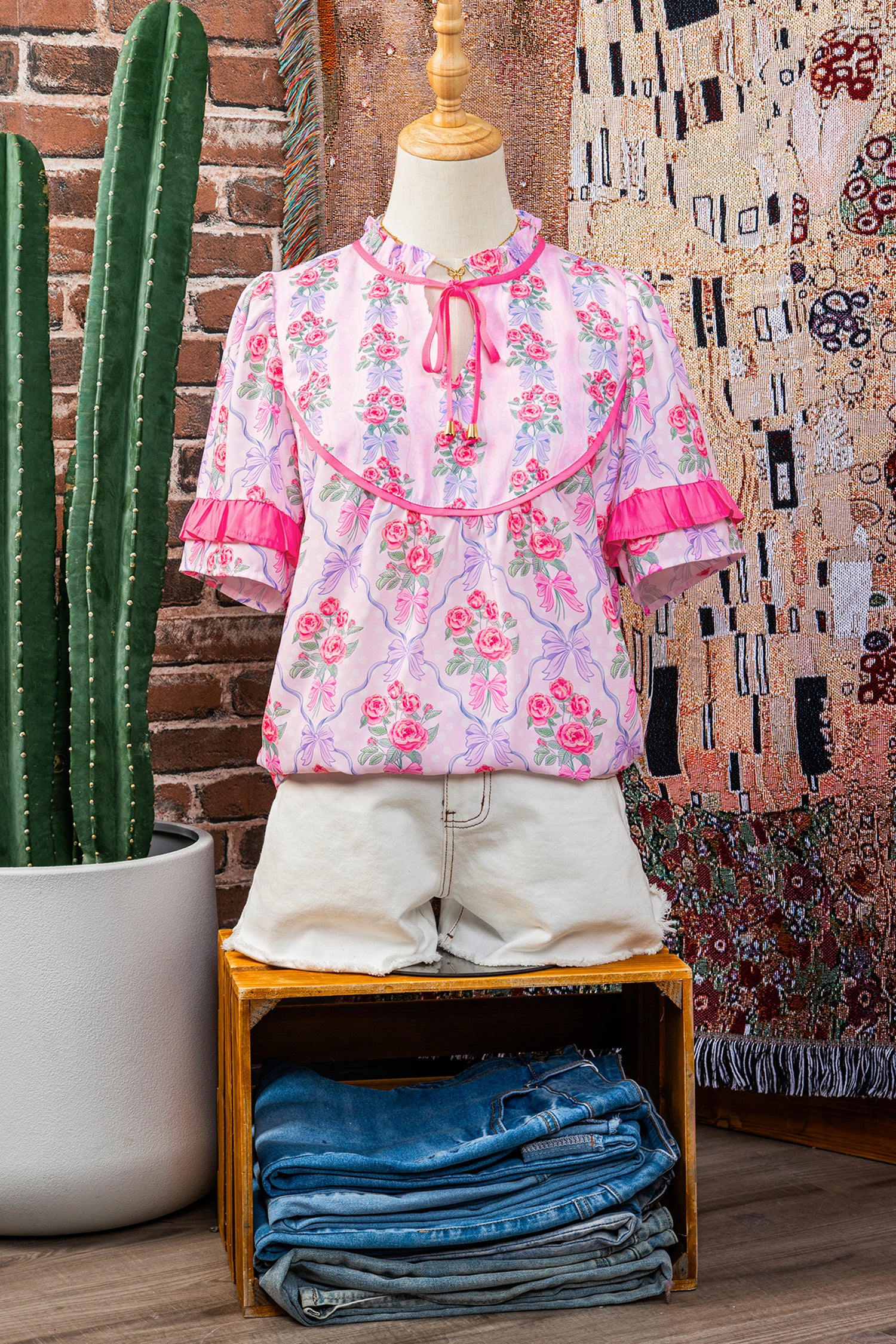 Purple Coquette Floral Bow Printed Contrast Ruffled Short Sleeve Blouse-Tops/Blouses & Shirts-[Adult]-[Female]-2022 Online Blue Zone Planet
