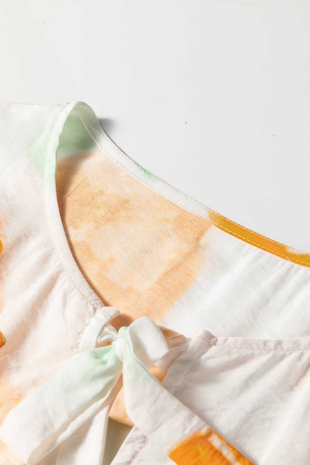 Carrot Abstract Floral Print Bow Tie Long Puff Sleeve Blouse-Tops/Blouses & Shirts-[Adult]-[Female]-2022 Online Blue Zone Planet