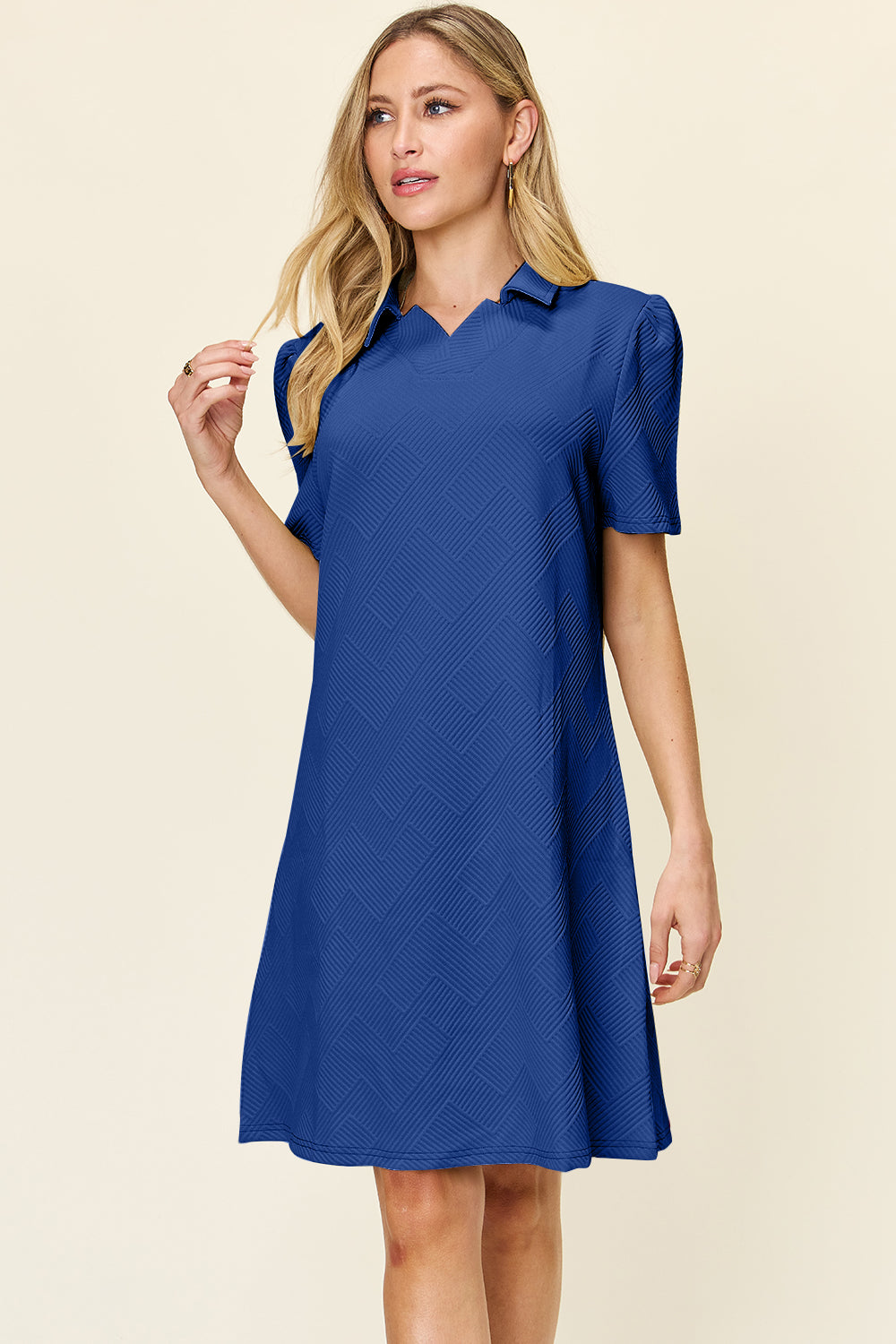 Blue Zone Planet | Double Take Full Size Texture Collared Neck Short Sleeve Dress-TOPS / DRESSES-[Adult]-[Female]-Royal Blue-S-2022 Online Blue Zone Planet