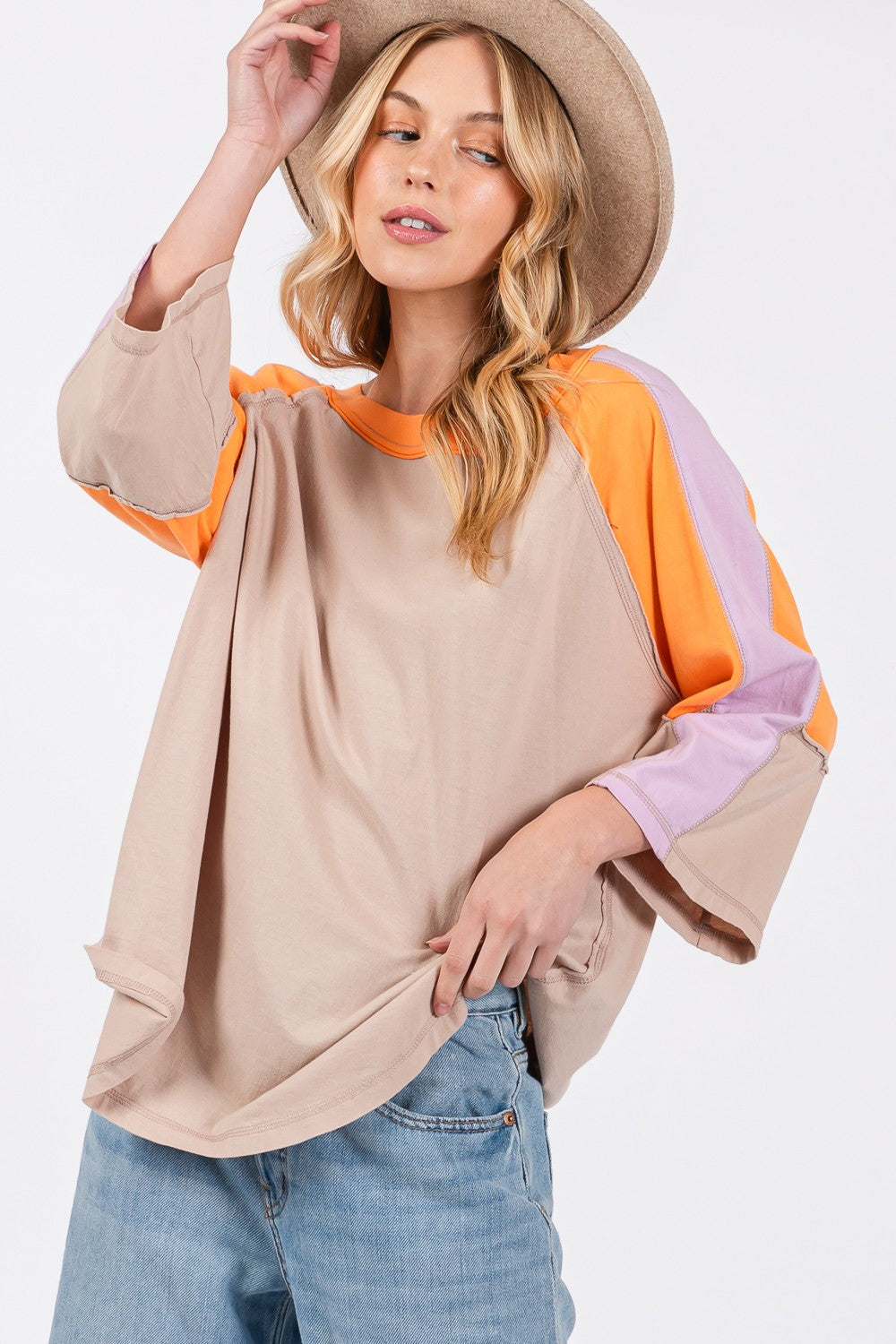 Blue Zone Planet | SAGE + FIG Color Block Curved Hem T-Shirt-TOPS / DRESSES-[Adult]-[Female]-2022 Online Blue Zone Planet