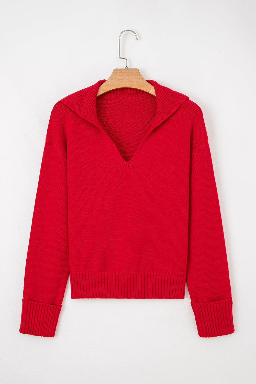 Racing Red Collared V Neck Ribbed Edge Sexy Elegant Sweater-TOPS / DRESSES-[Adult]-[Female]-2022 Online Blue Zone Planet