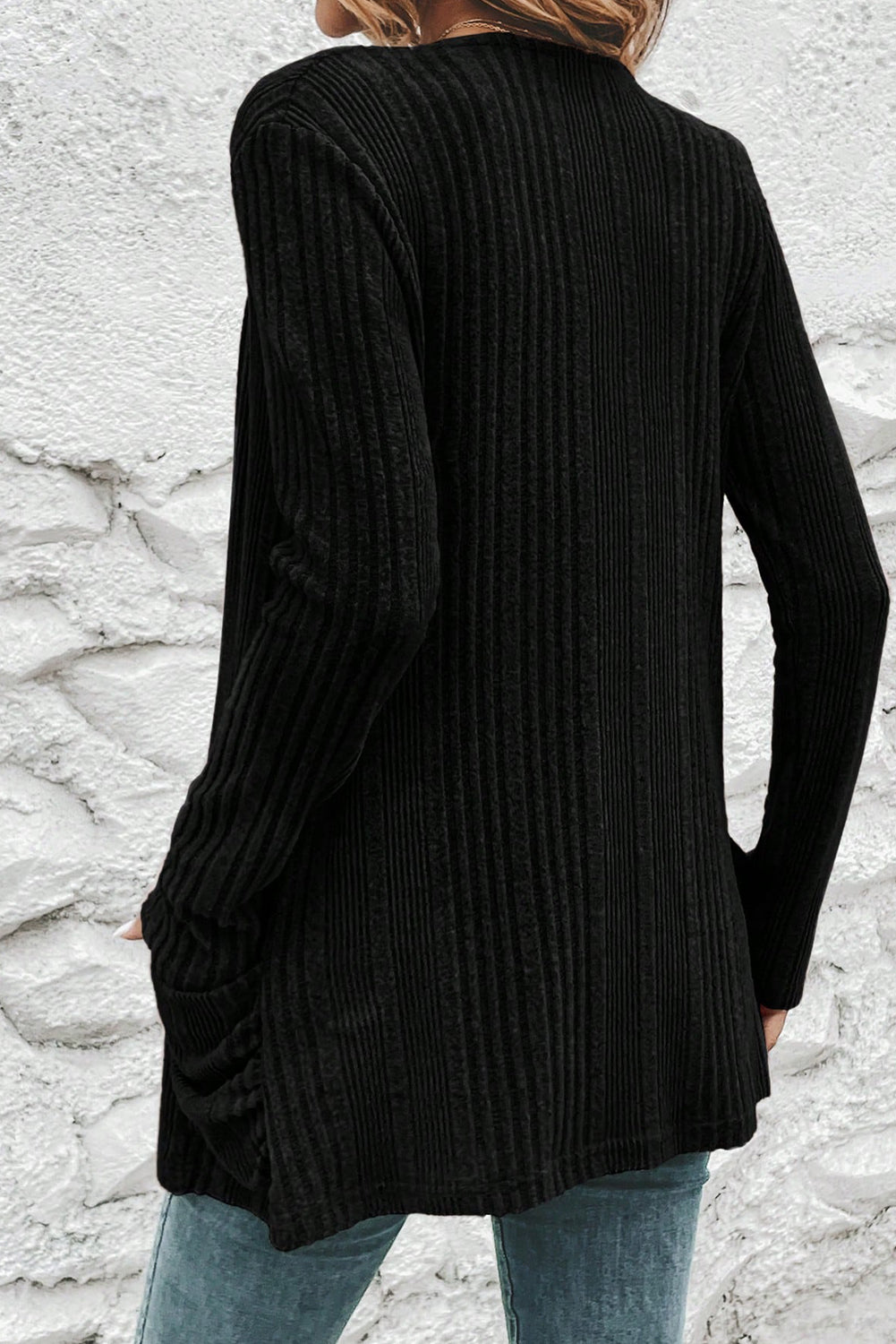 Black Ribbed Open Front Knitted Top with Pockets-Sweaters & Cardigans/Cardigans-[Adult]-[Female]-2022 Online Blue Zone Planet