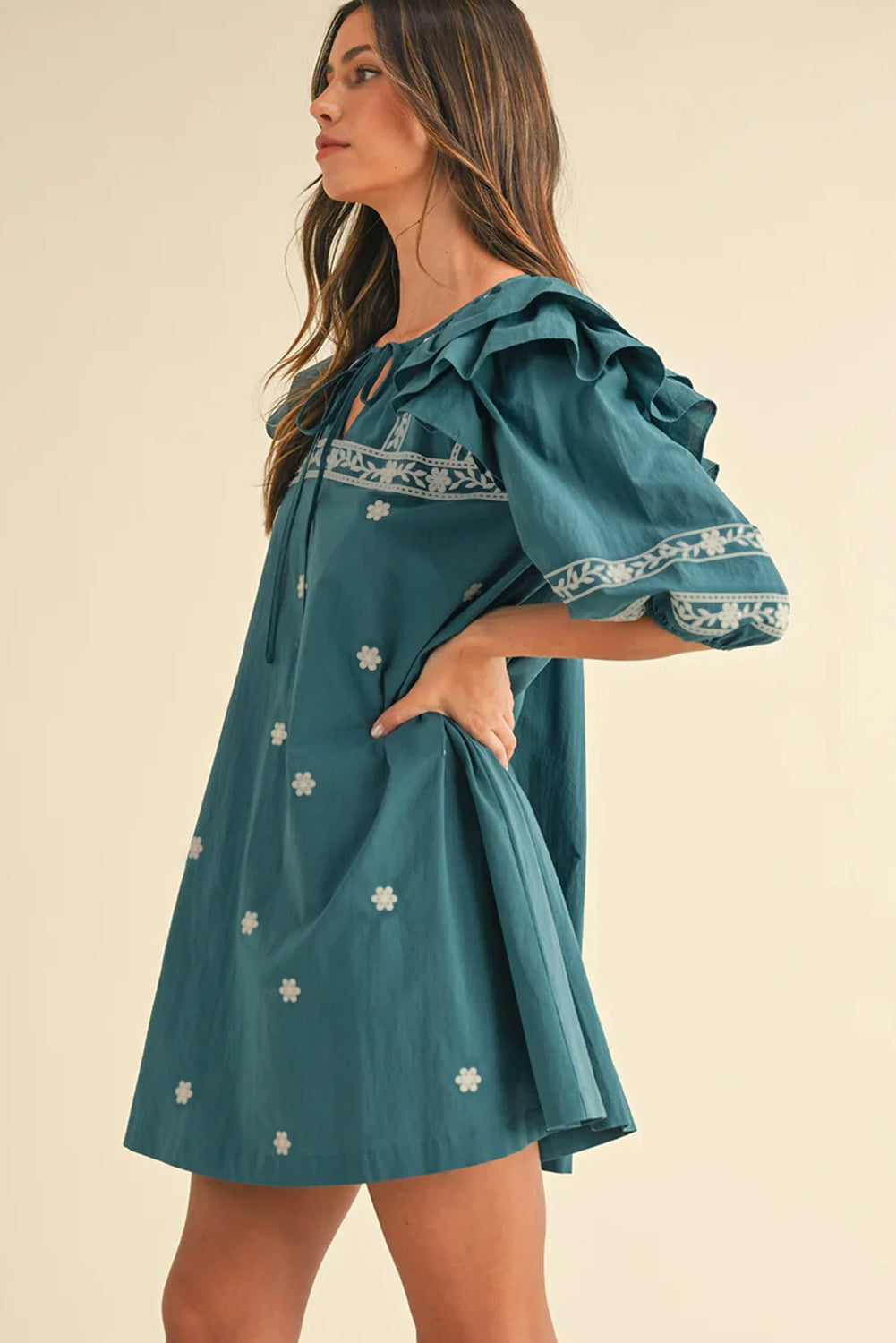 Skobeloff Boho Floral Ruffle Puff Sleeve Lace-up V Neck Mini Dress-TOPS / DRESSES-[Adult]-[Female]-2022 Online Blue Zone Planet