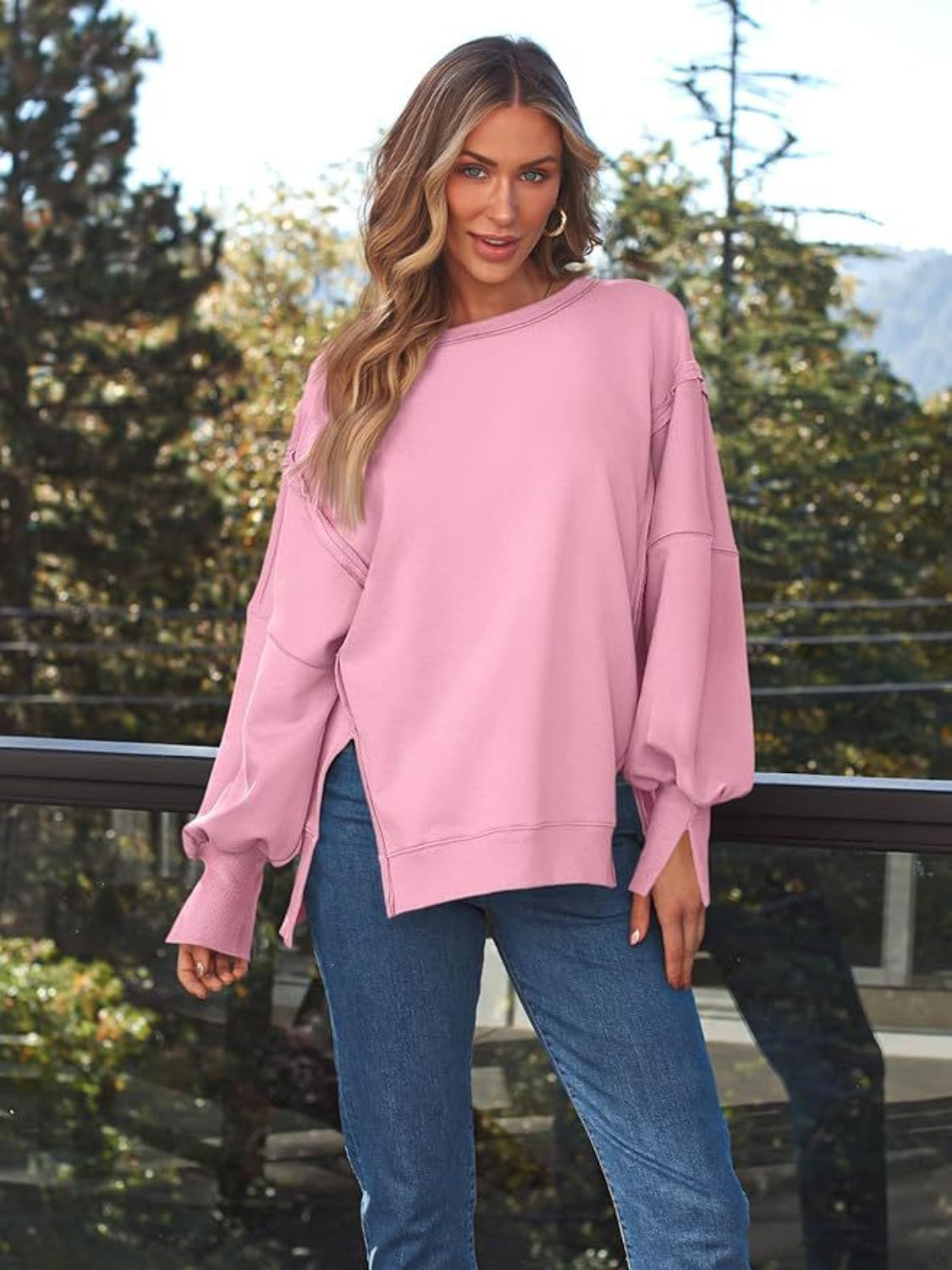 Blue Zone Planet | Slit Round Neck Long Sleeve Sweatshirt-TOPS / DRESSES-[Adult]-[Female]-Pink-S-2022 Online Blue Zone Planet