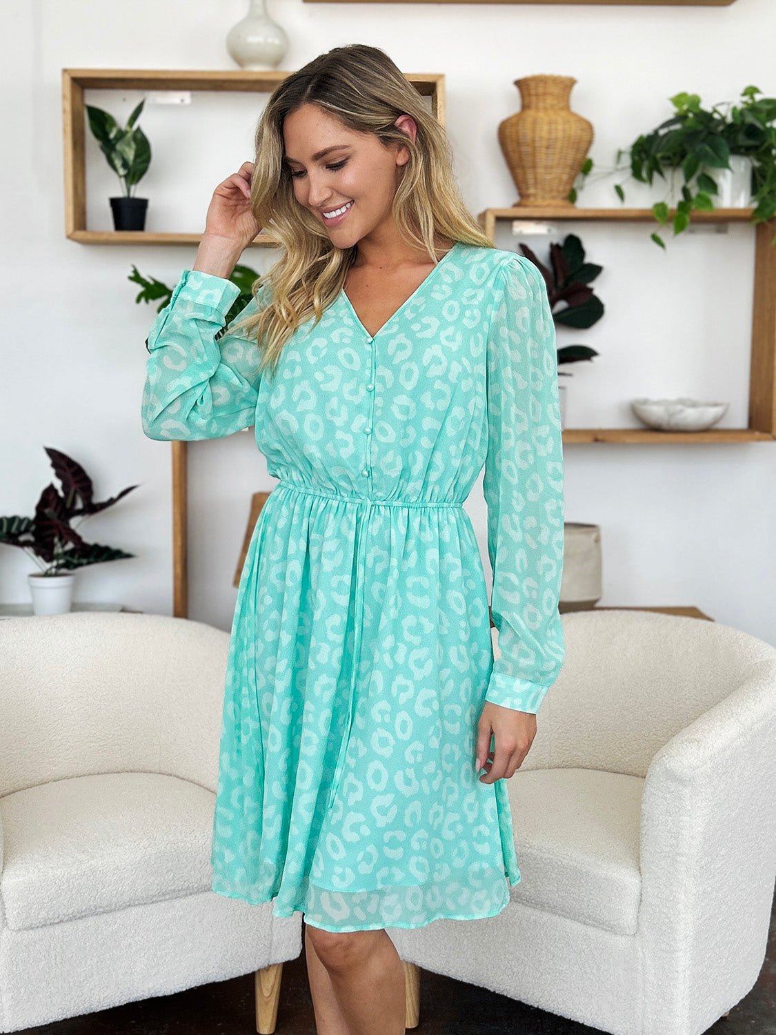 Double Take Full Size Printed Ruched V-Neck Long Sleeve Dress-TOPS / DRESSES-[Adult]-[Female]-2022 Online Blue Zone Planet