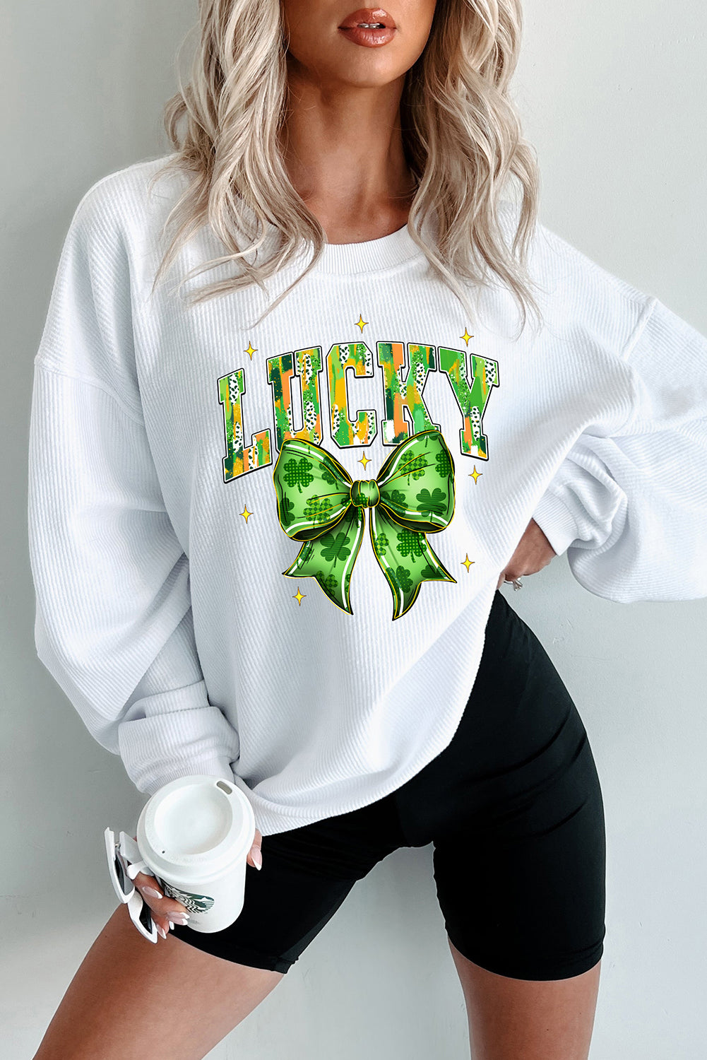White LUCKY Clover Bow Printed St Patricks Corded Sweatshirt-Graphic Sweatshirts-[Adult]-[Female]-2022 Online Blue Zone Planet