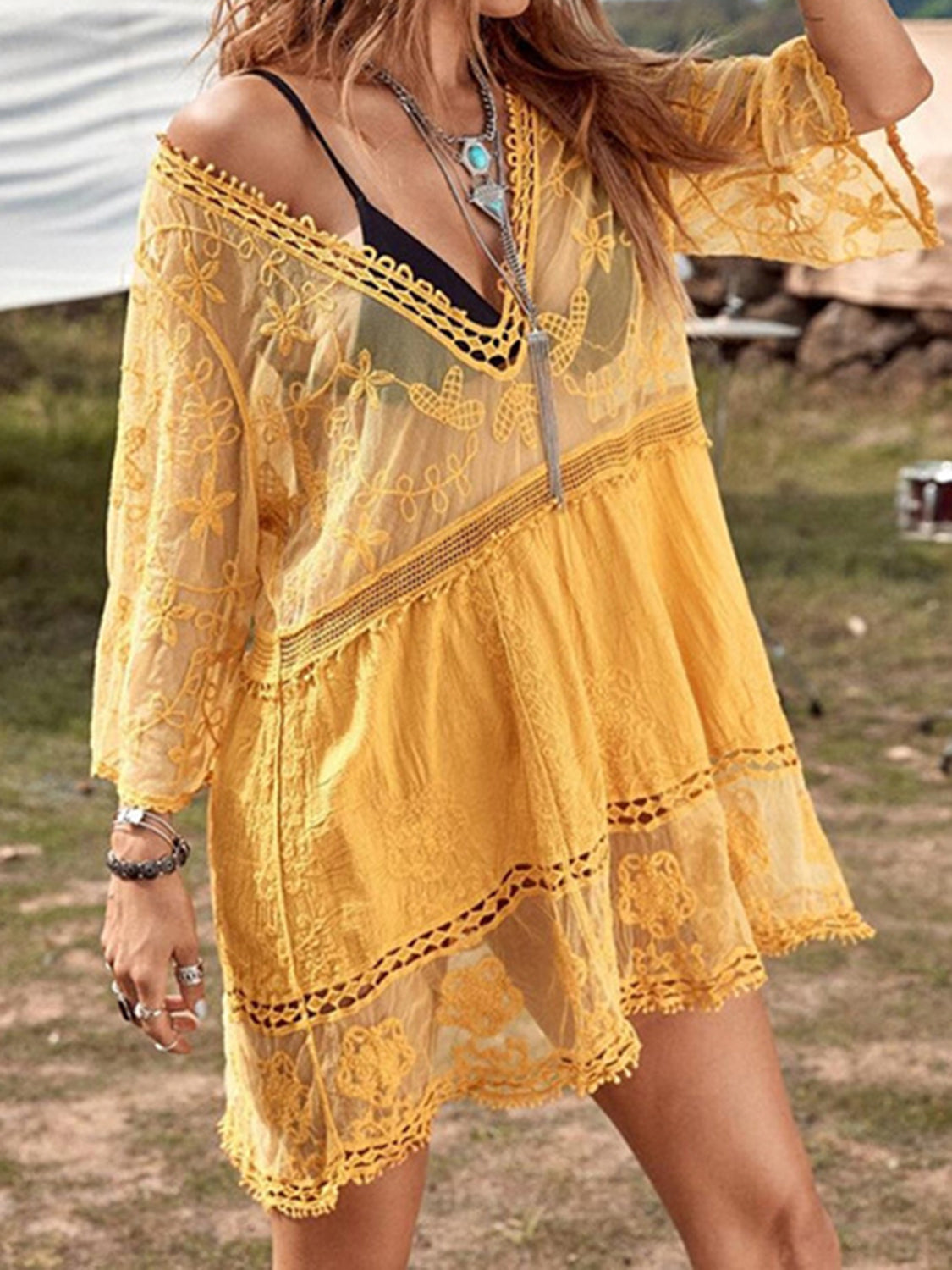 Lace Detail Plunge Cover-Up Dress-TOPS / DRESSES-[Adult]-[Female]-Gold-One Size-2022 Online Blue Zone Planet