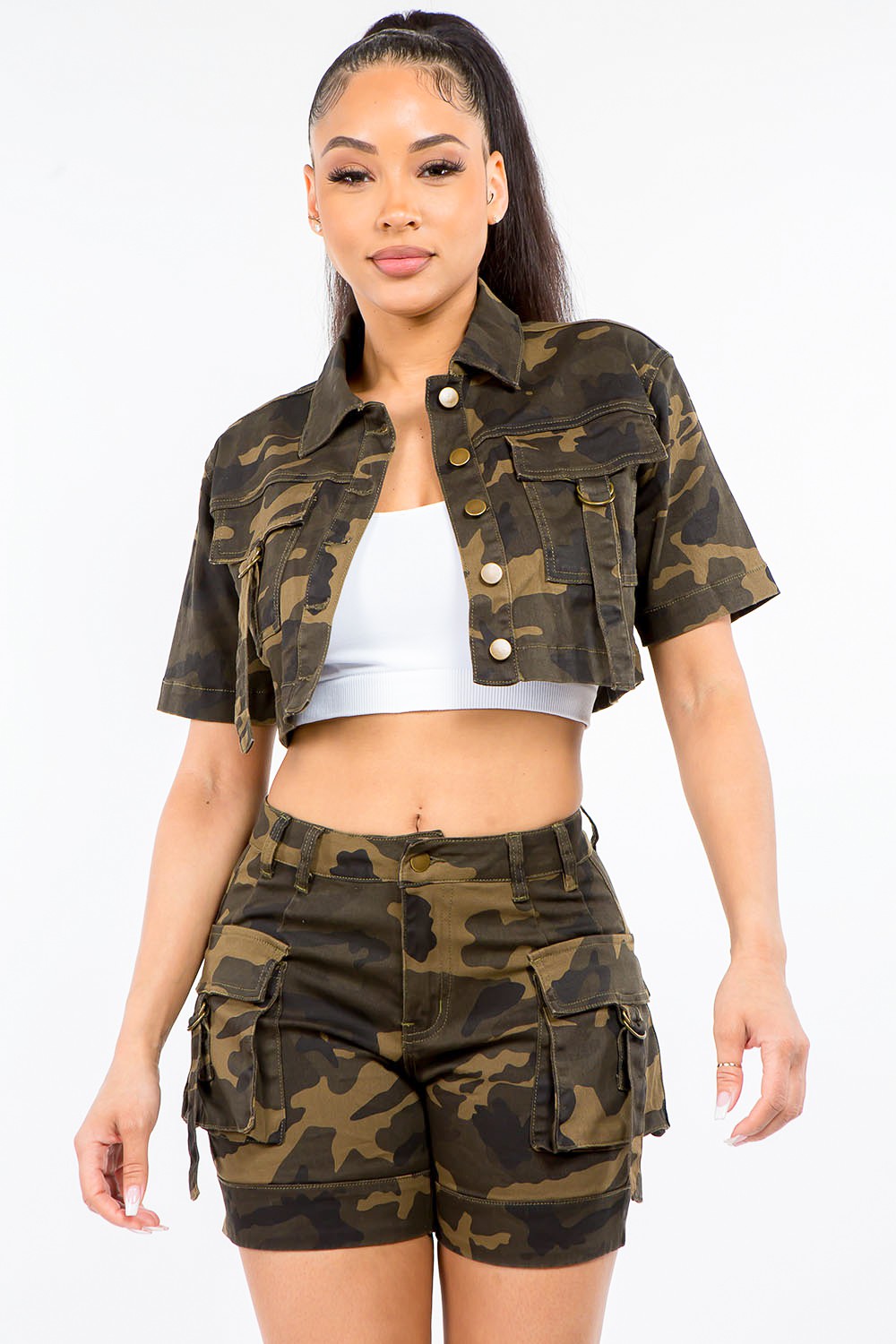 American Bazi Full Size Camouflage Short Sleeve Cropped Jacket-TOPS / DRESSES-[Adult]-[Female]-Olive Camo-S-2022 Online Blue Zone Planet